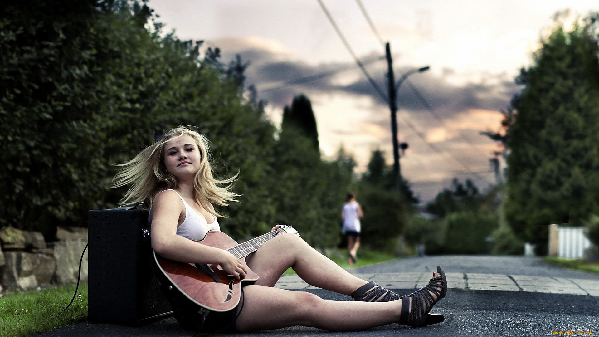 музыка, -другое, гитара, дорога, взгляд, девушка, растения