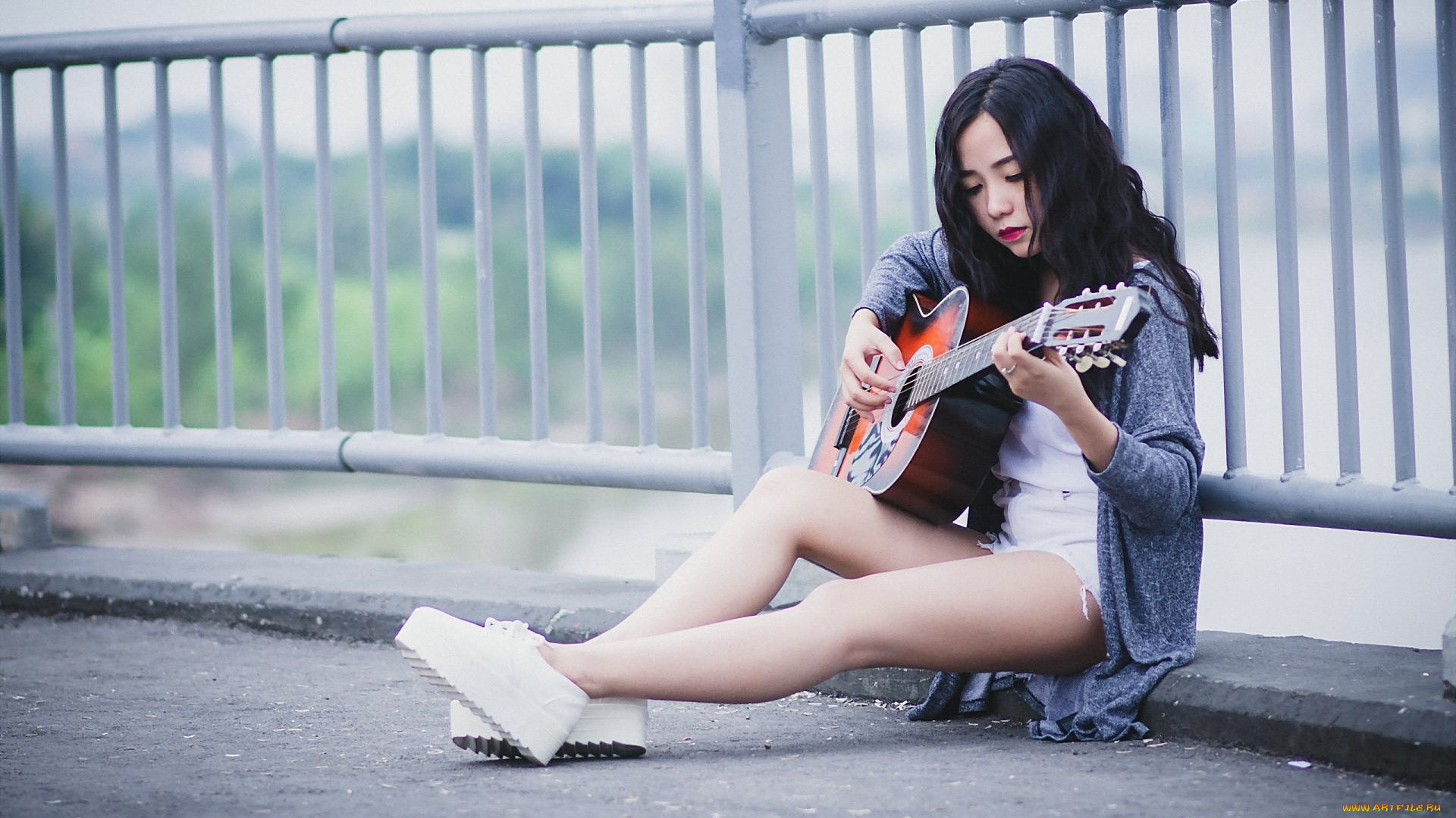 музыка, -другое, перила, гитара, девушка