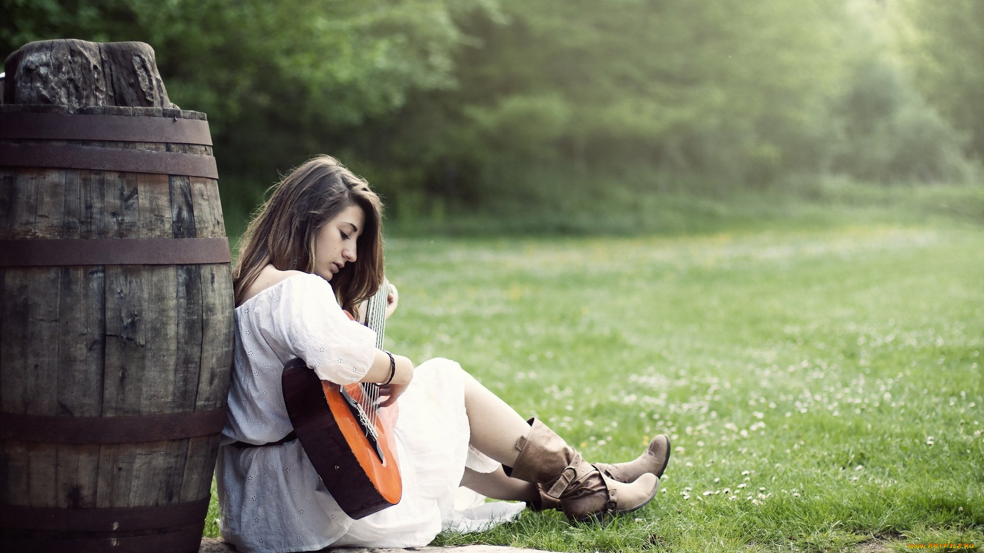 музыка, -другое, растения, гитара, девушка, бочка