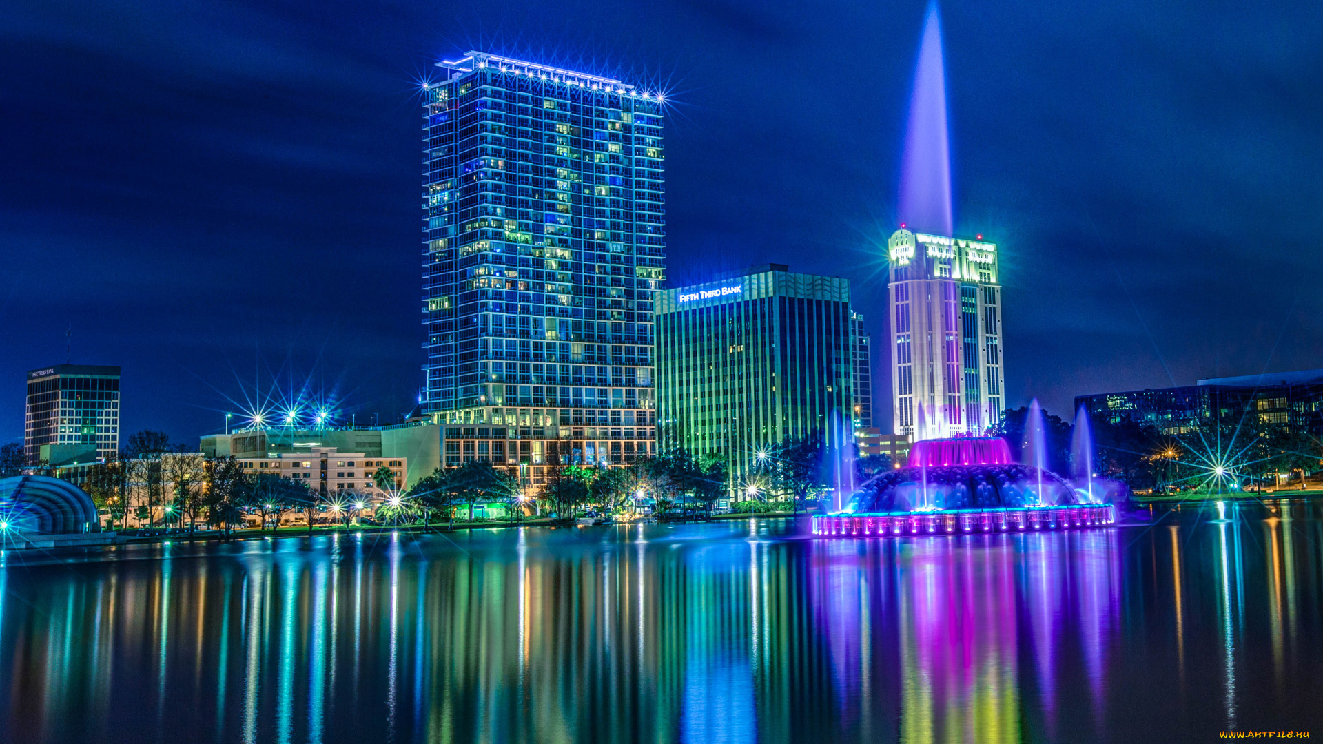 орландо, флорида, сша, города, -, огни, ночного, города, городские, огни, ночь, небоскребы