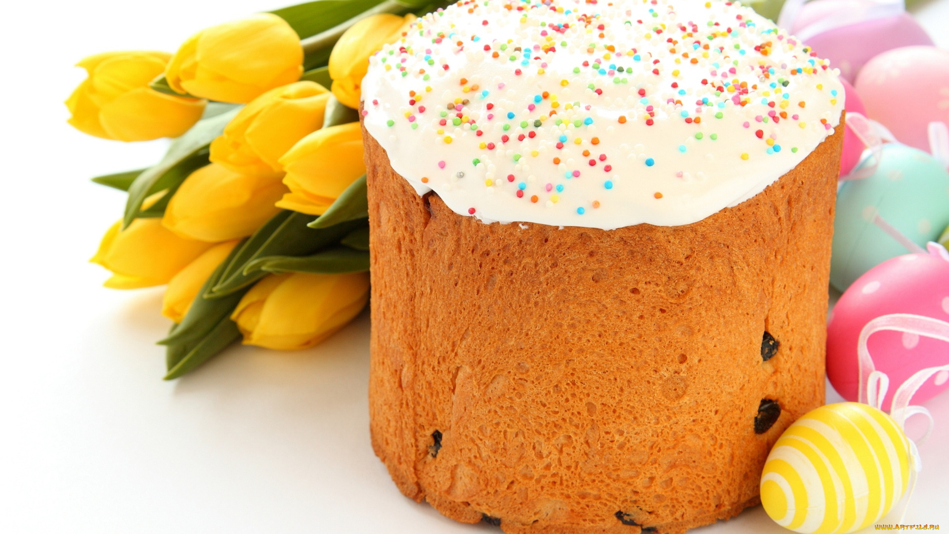 праздничные, пасха, тюльпаны, кулич, крашенки, глазурь