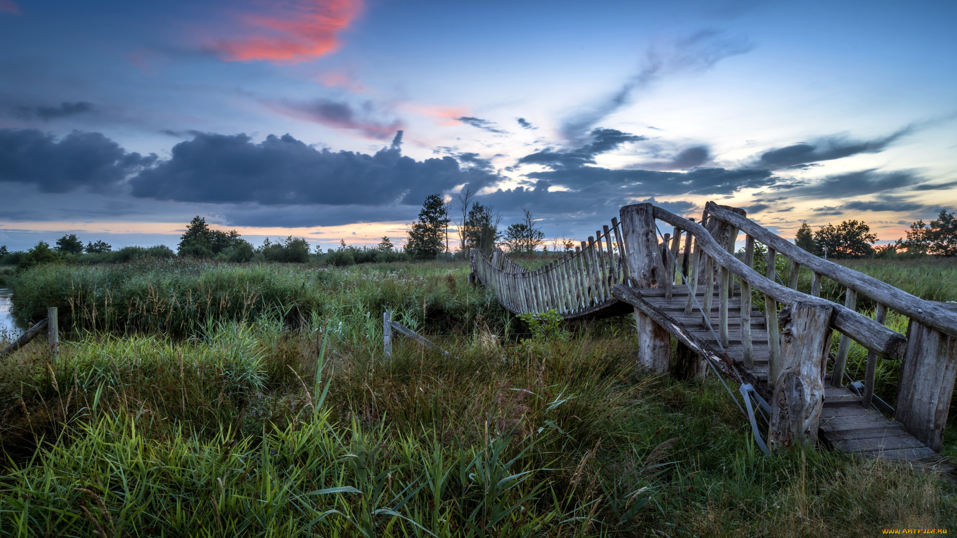 природа, дороги, река, вечер, мост