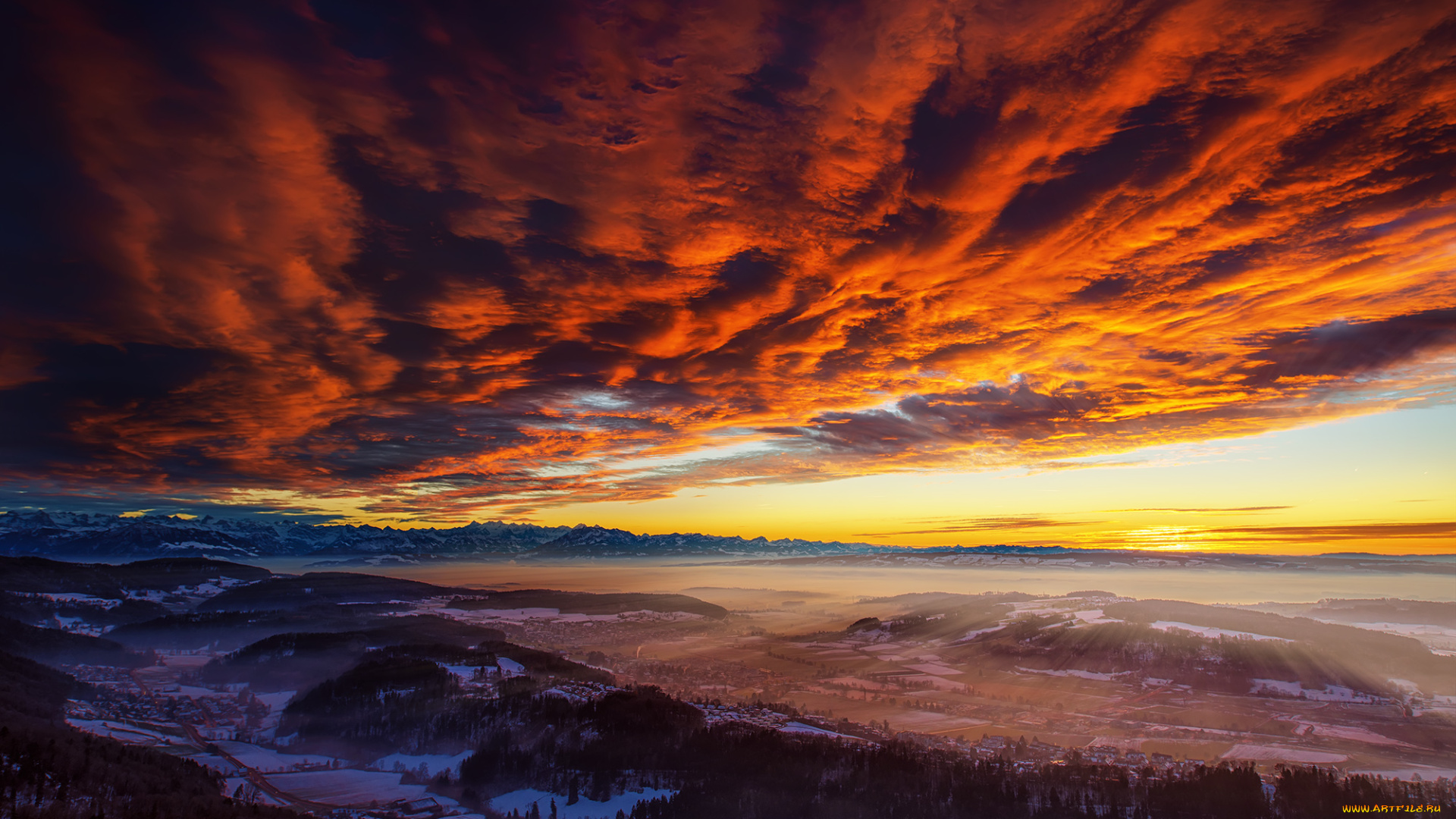 швейцария, природа, восходы, закаты, пейзаж, горы, город, багровое, небо, закат, солнца, альпы