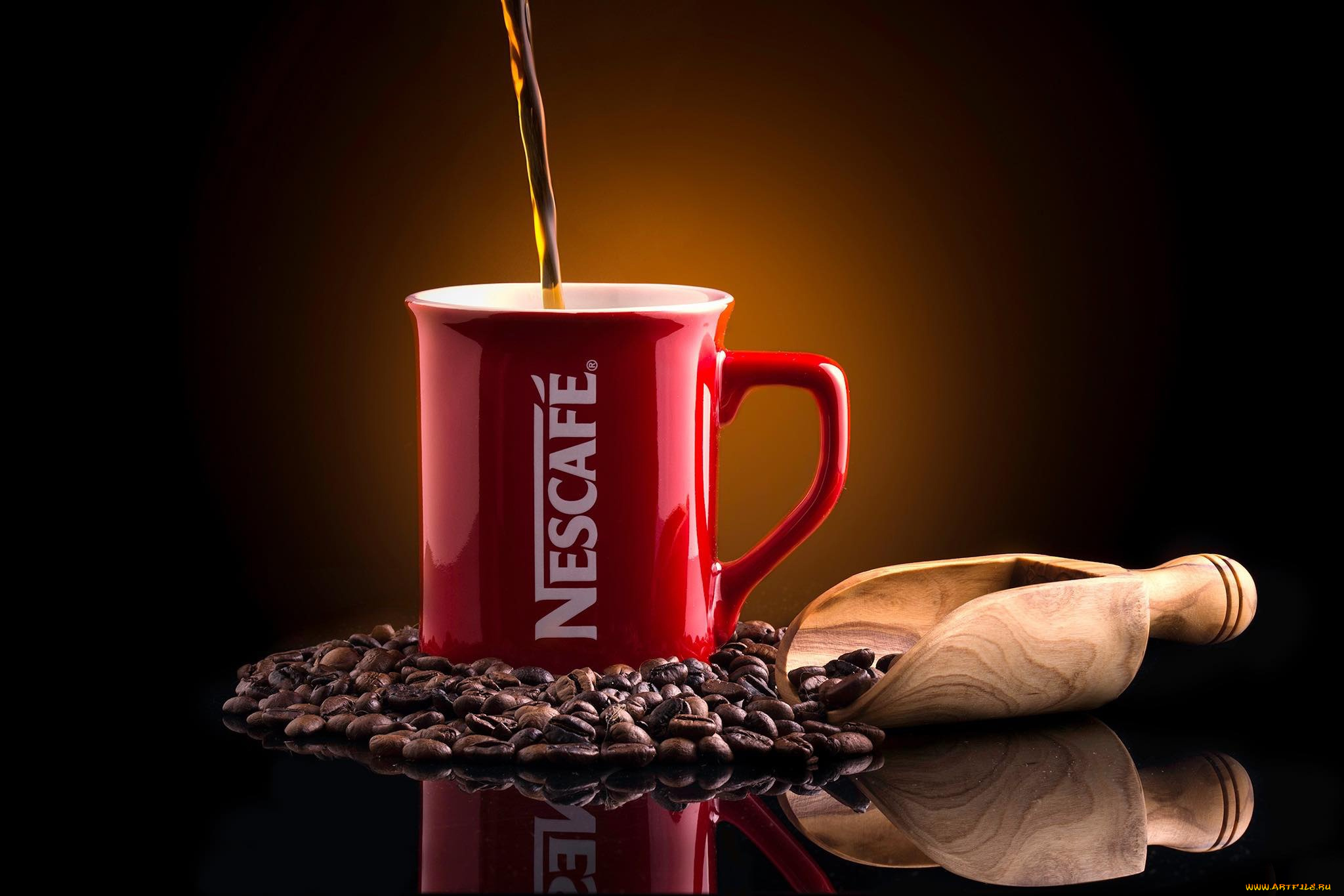 бренды, nescafe, nescafе, кофе, совок, фон, отражение, кружка, кофейные, зёрна