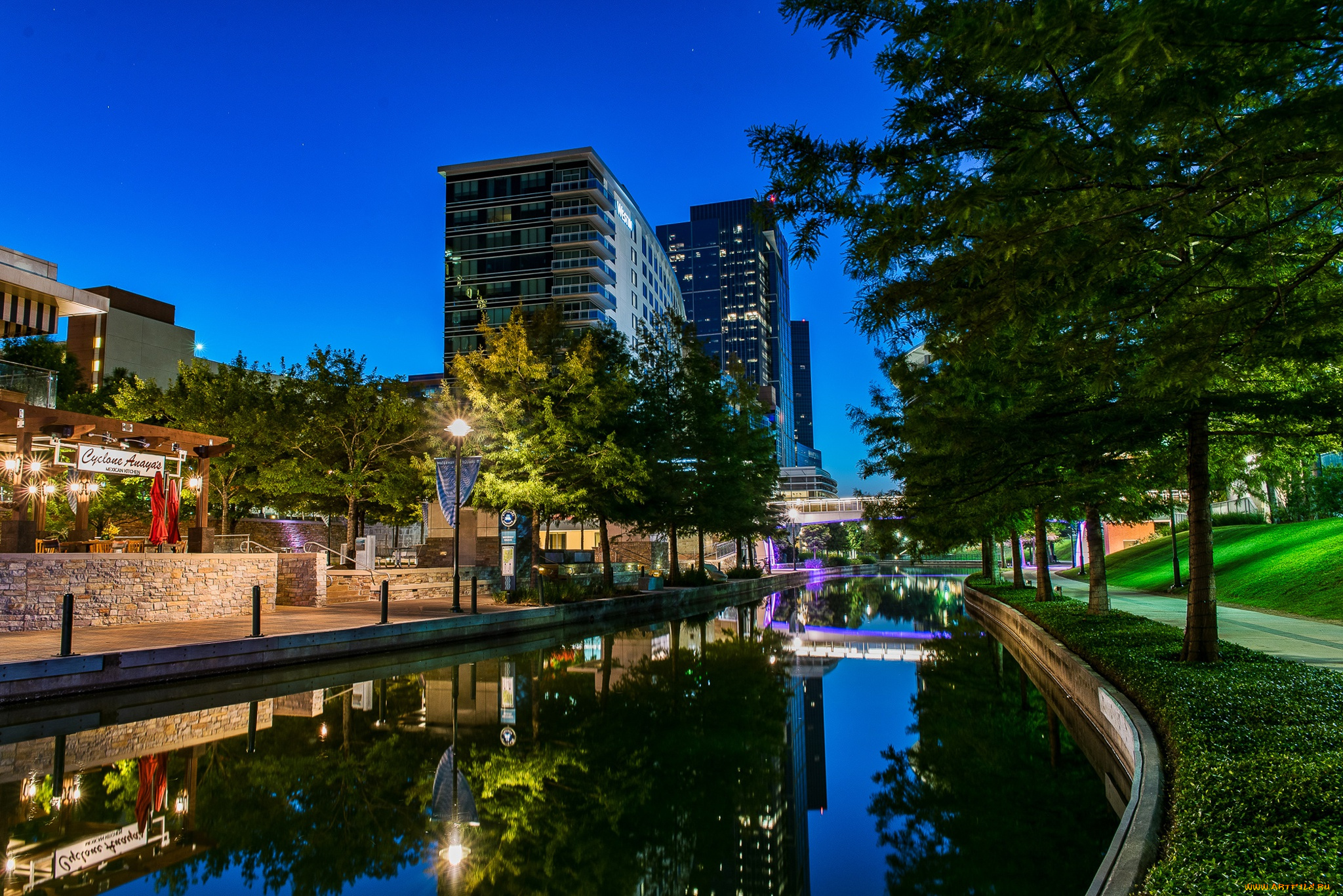 города, -, панорамы, отражение, дома, деревья, огни, канал, вода, woodlands, waterway, вечер, небо, сша, техас