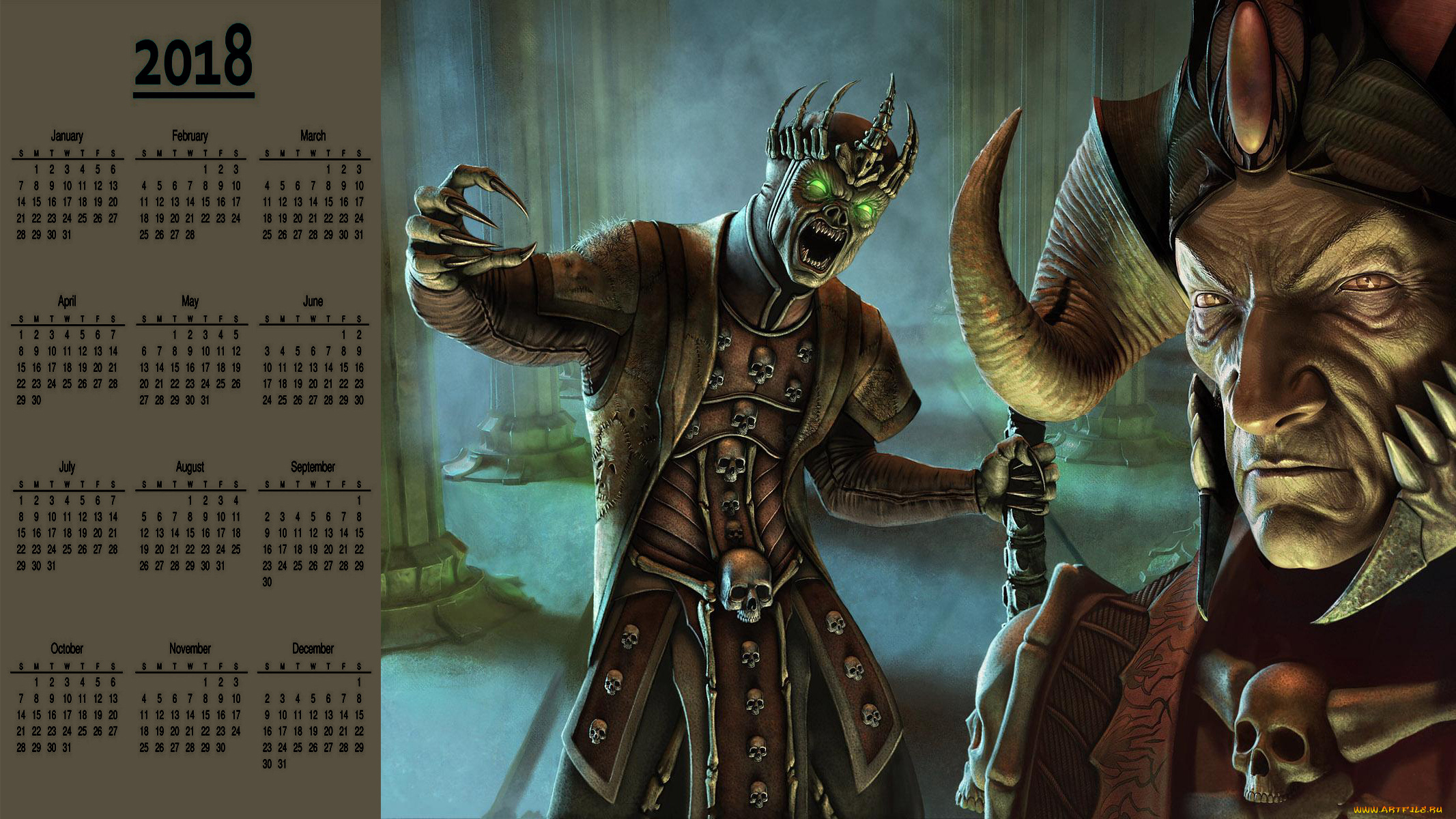 календари, видеоигры, взгляд, чудовище, существо, корона, череп