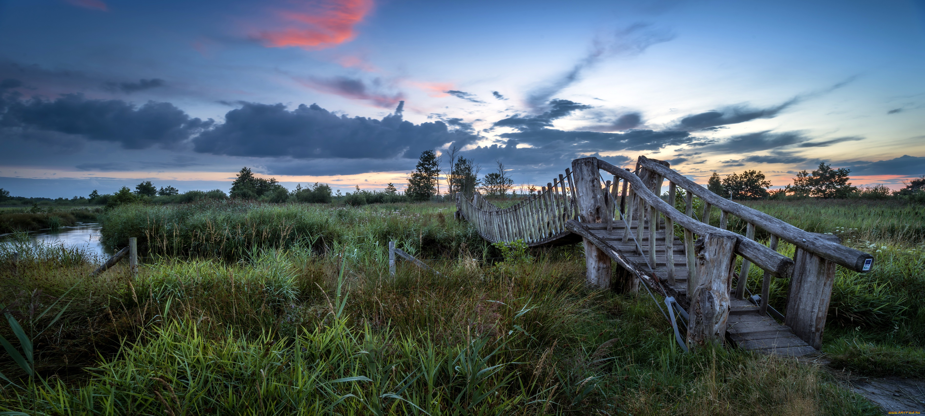 природа, дороги, река, вечер, мост