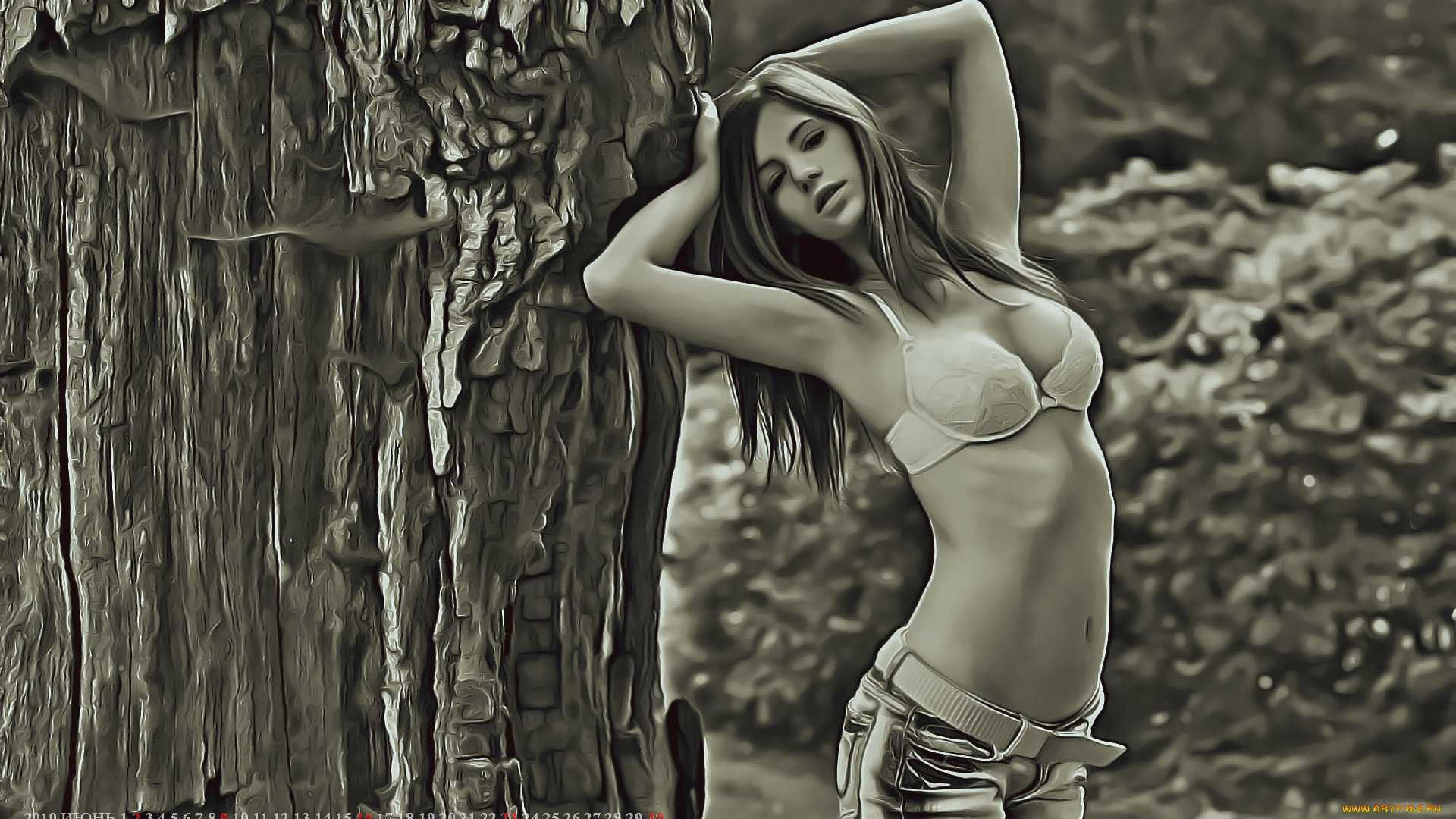 календари, компьютерный, дизайн, дерево, девушка, поза, природа, calendar, взгляд