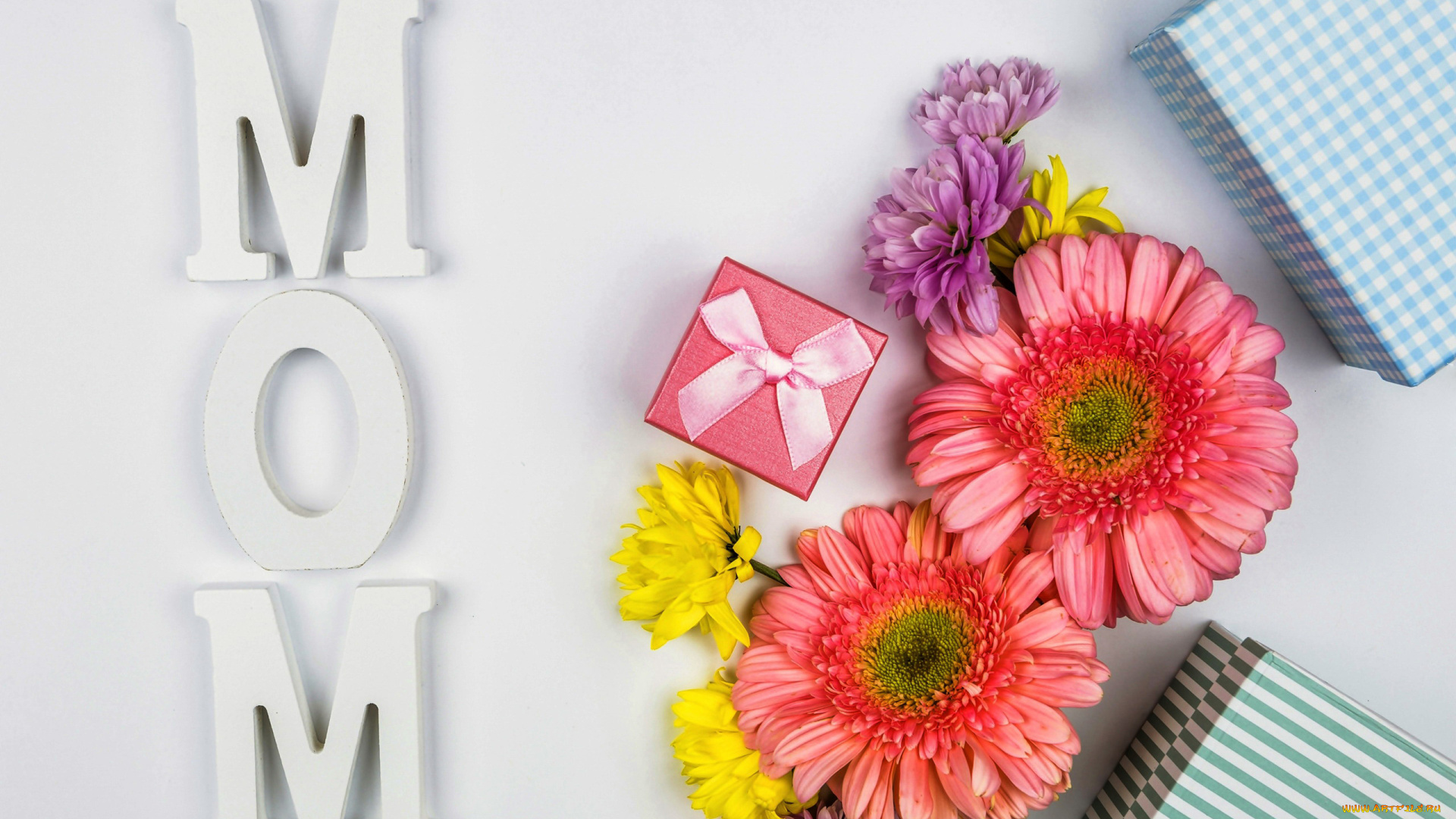 праздничные, день, матери, герберы, надпись, подарки