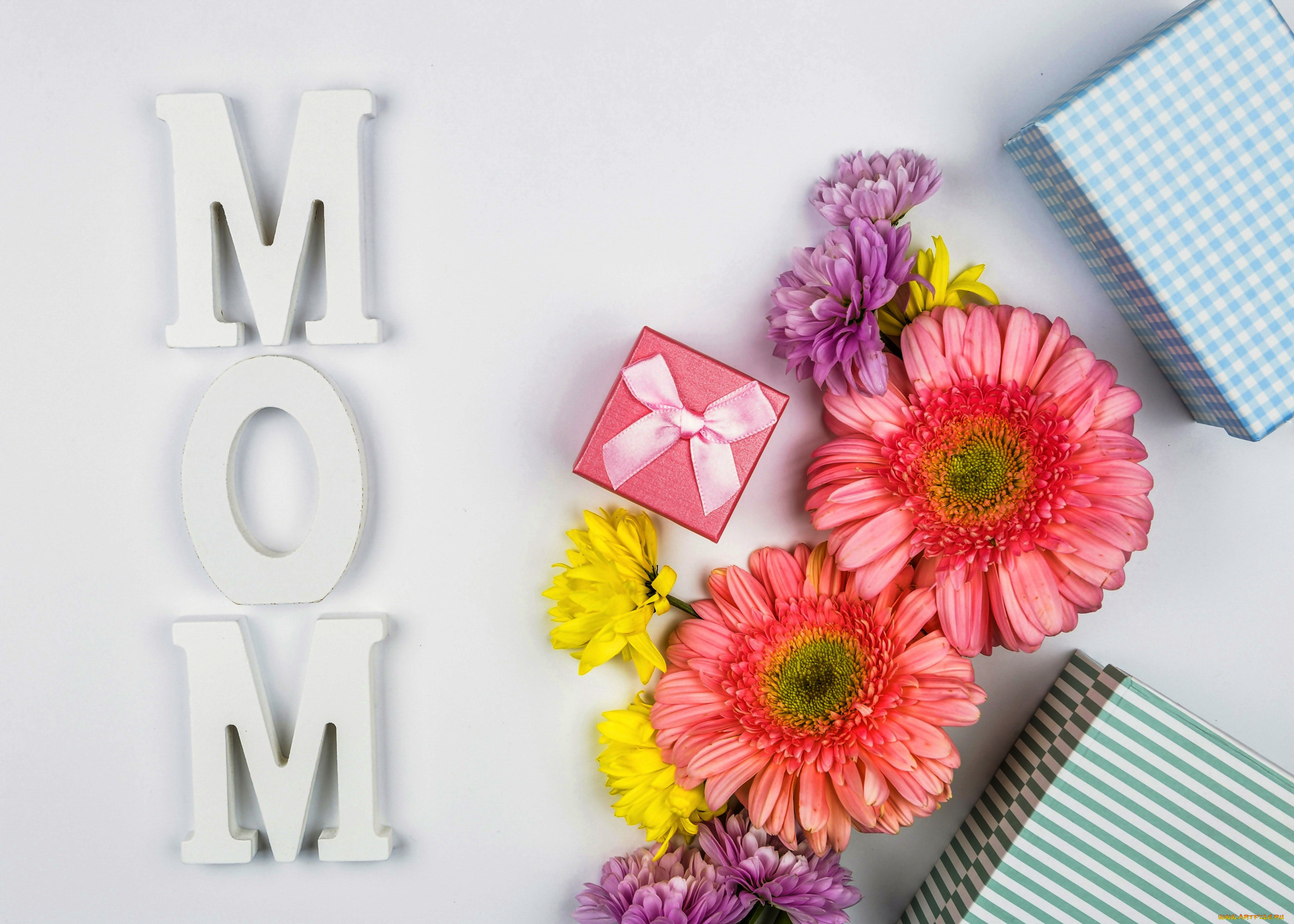 праздничные, день, матери, герберы, надпись, подарки
