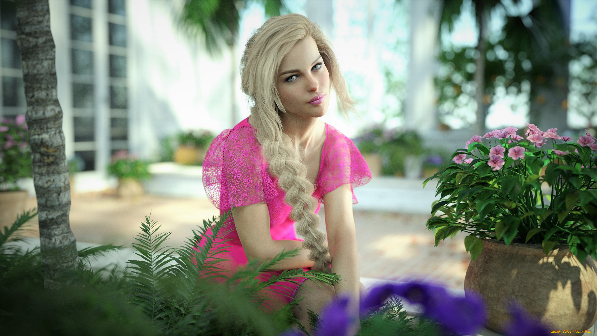 3д, графика, люди, , people, девушка, фон, взгляд, цветы, горшок