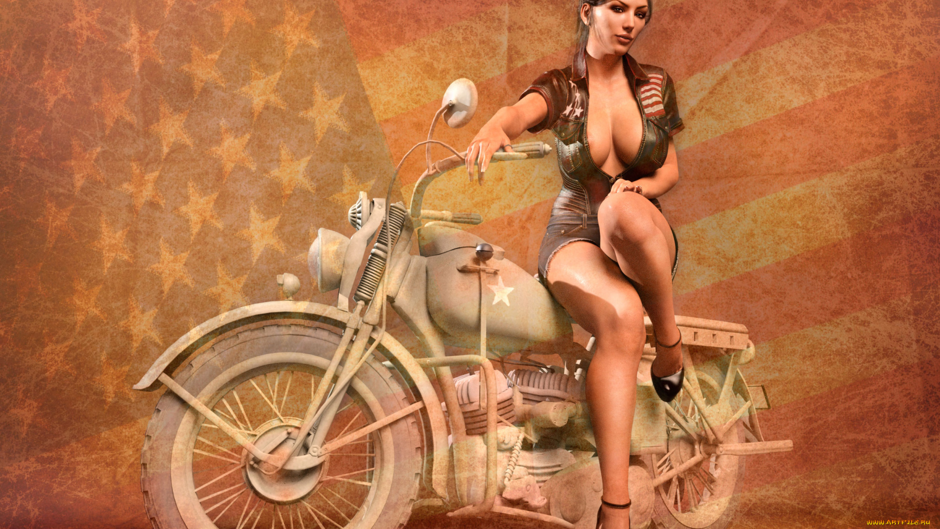 3д, графика, люди-авто, мото, , people-, car, , , moto, девушка, фон, взгляд, мотоцикл