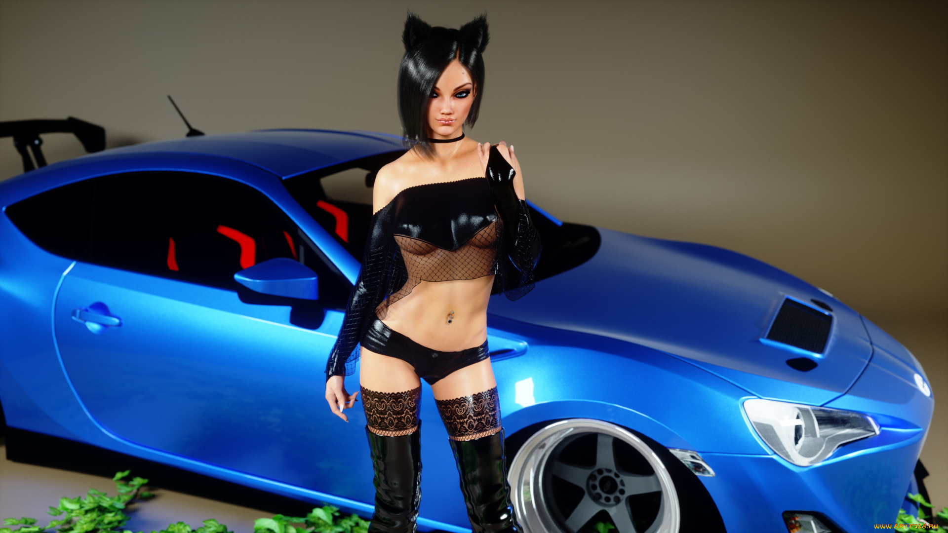 3д, графика, существа, , creatures, девушка, фон, ушки, автомобиль