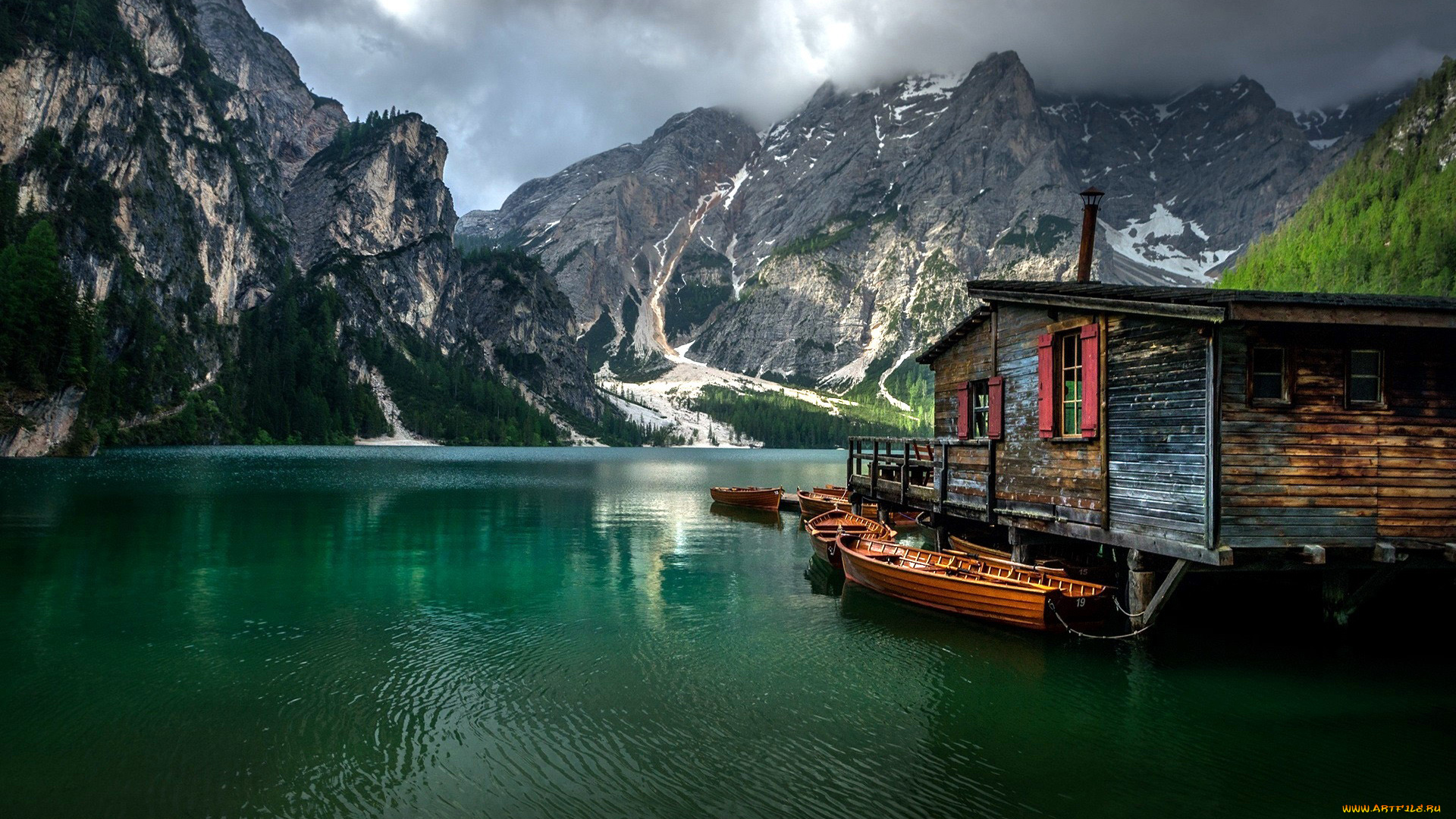 корабли, лодки, , шлюпки, озеро, горы, тучи
