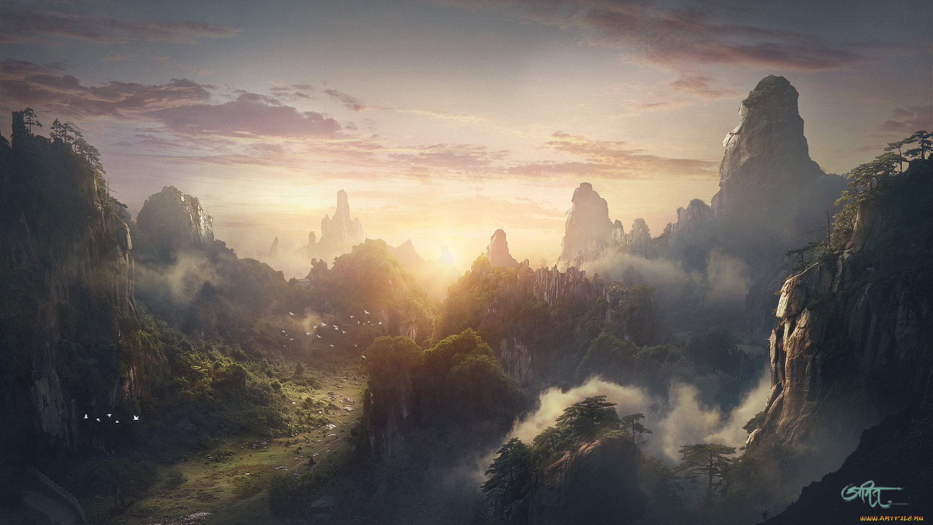 рисованное, природа, горы, леса, туман, вечер, закат, облака, небо