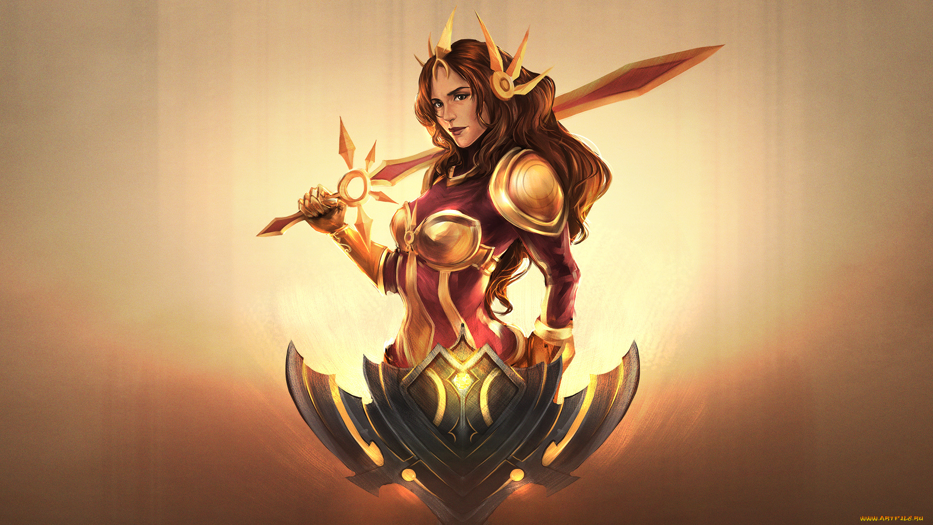 видео, игры, league, of, legends, девушка, фон, взгляд, униформа, щит, меч, leona