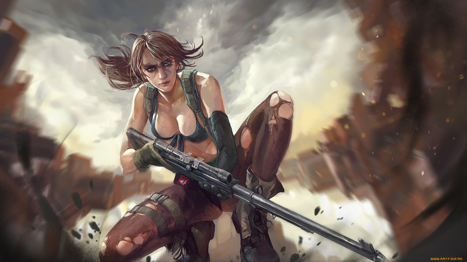 видео, игры, metal, gear, solid, v, , the, phantom, pain, девушка, фон, взгляд, винтовка