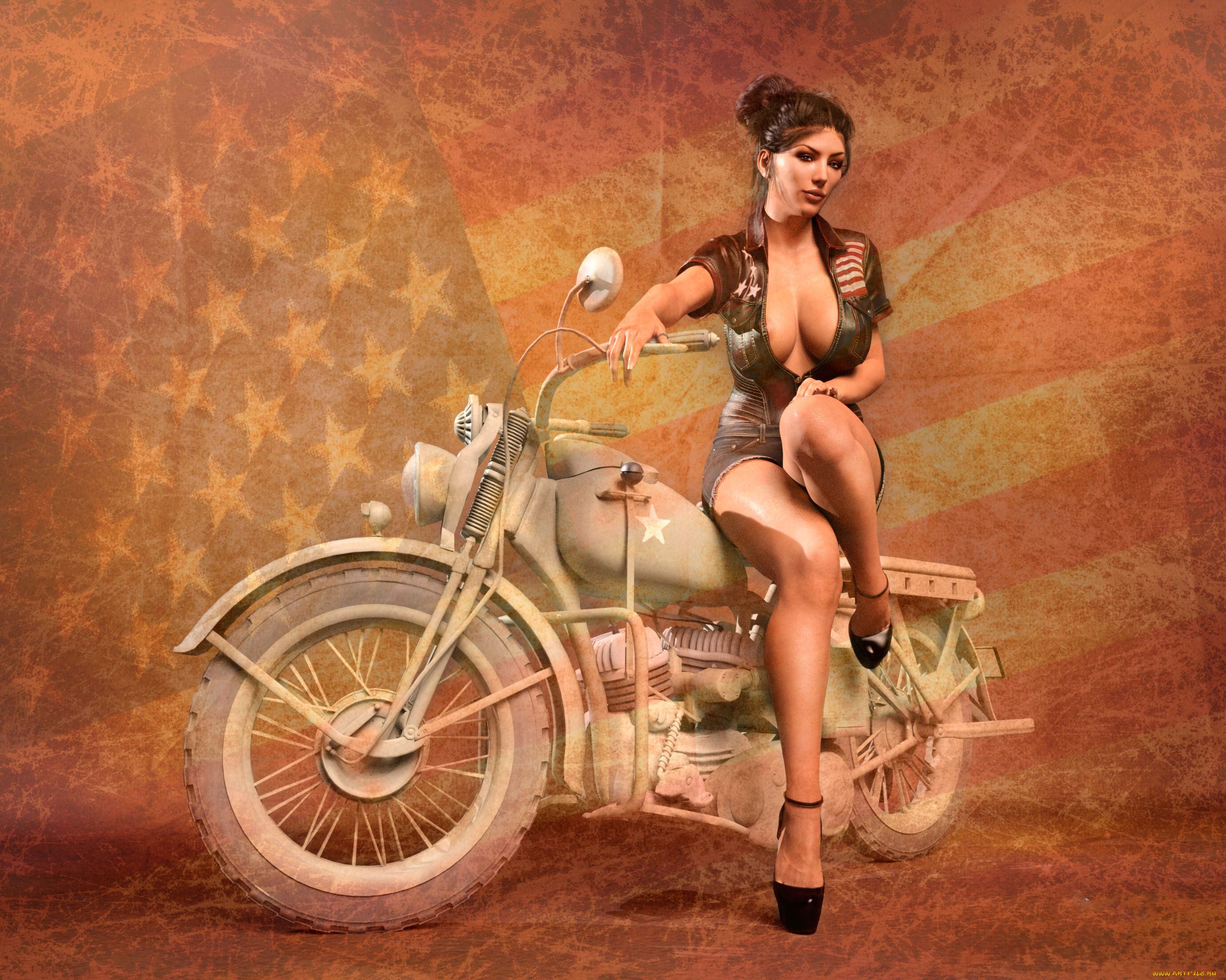 3д, графика, люди-авто, мото, , people-, car, , , moto, девушка, фон, взгляд, мотоцикл