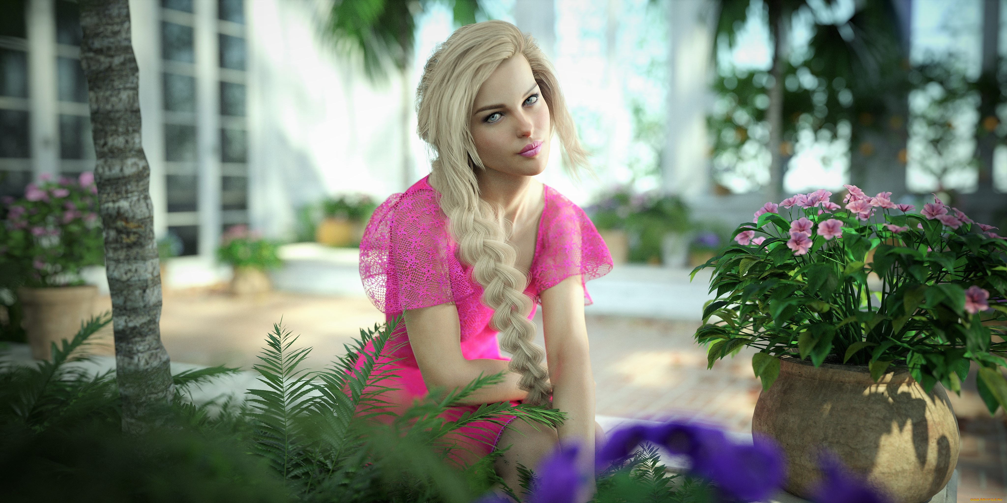 3д, графика, люди, , people, девушка, фон, взгляд, цветы, горшок