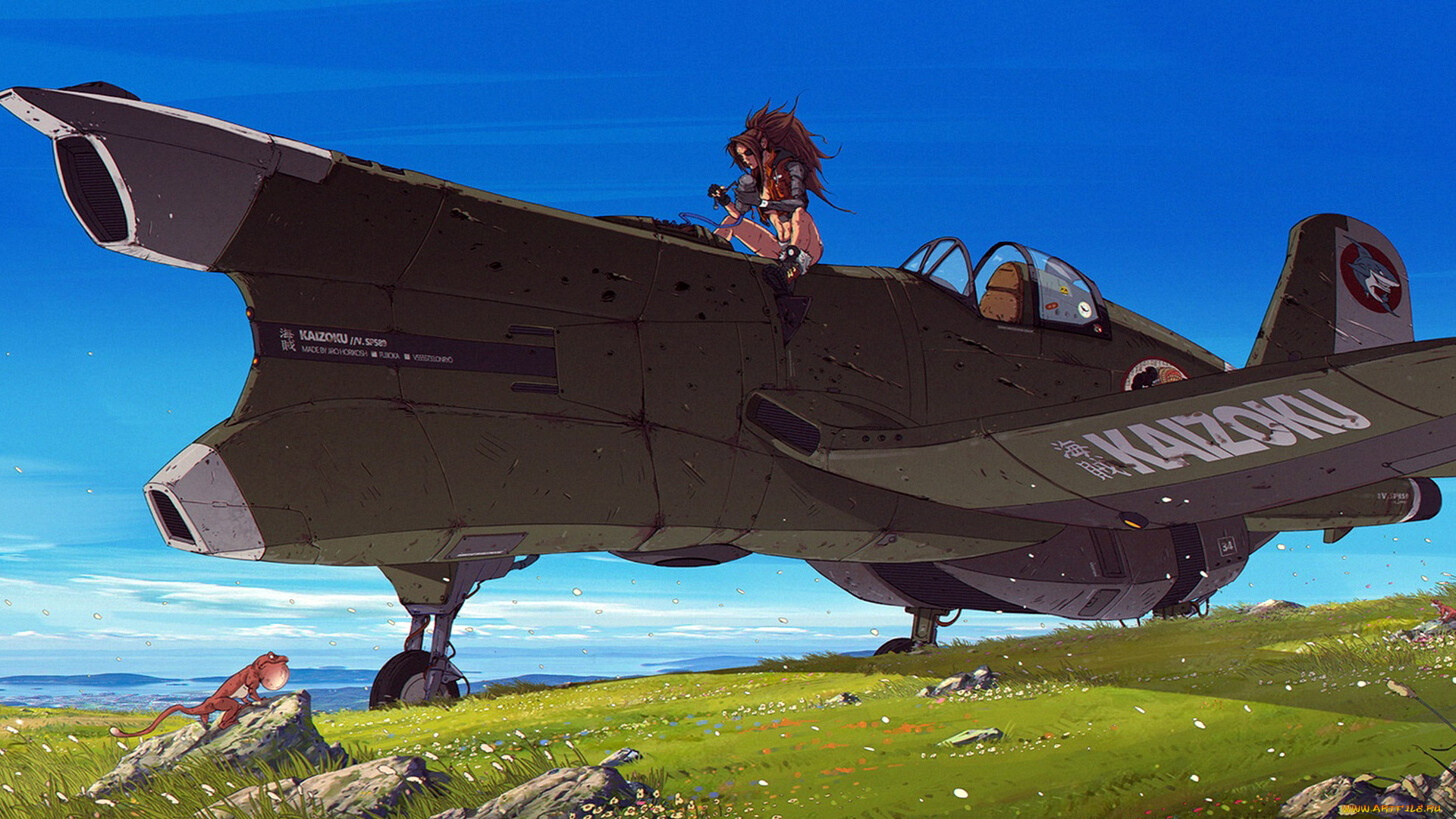 аниме, оружие, , техника, , технологии, девушка, самолет, ящерица