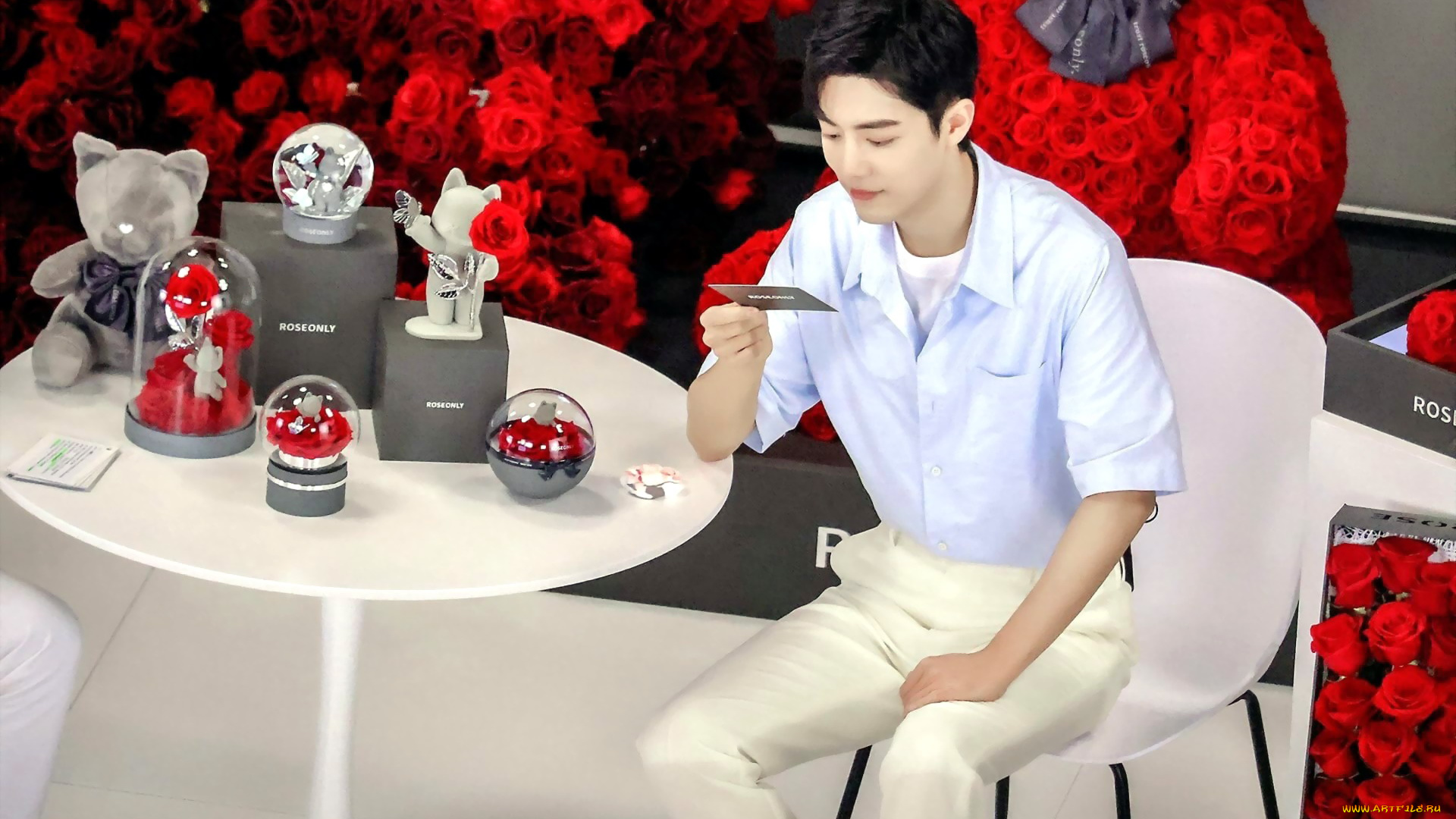 мужчины, xiao, zhan, актер, розы, фигурки, презентация, стол, карточка