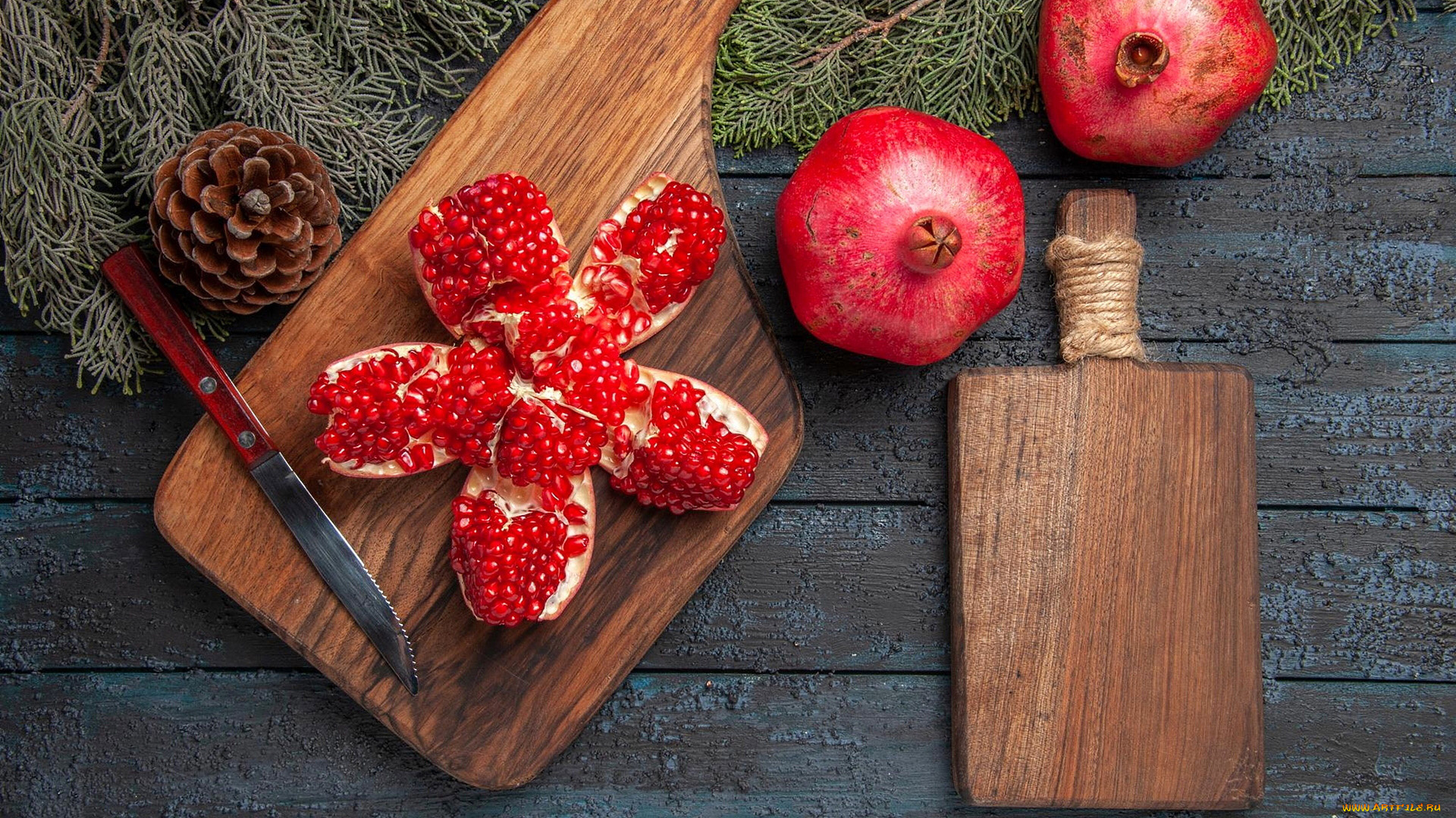 еда, гранат, шишка, зерна, нож