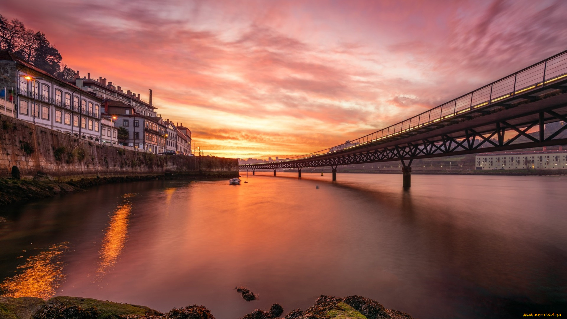 города, порту, , португалия, мост, вечер, огни, закат