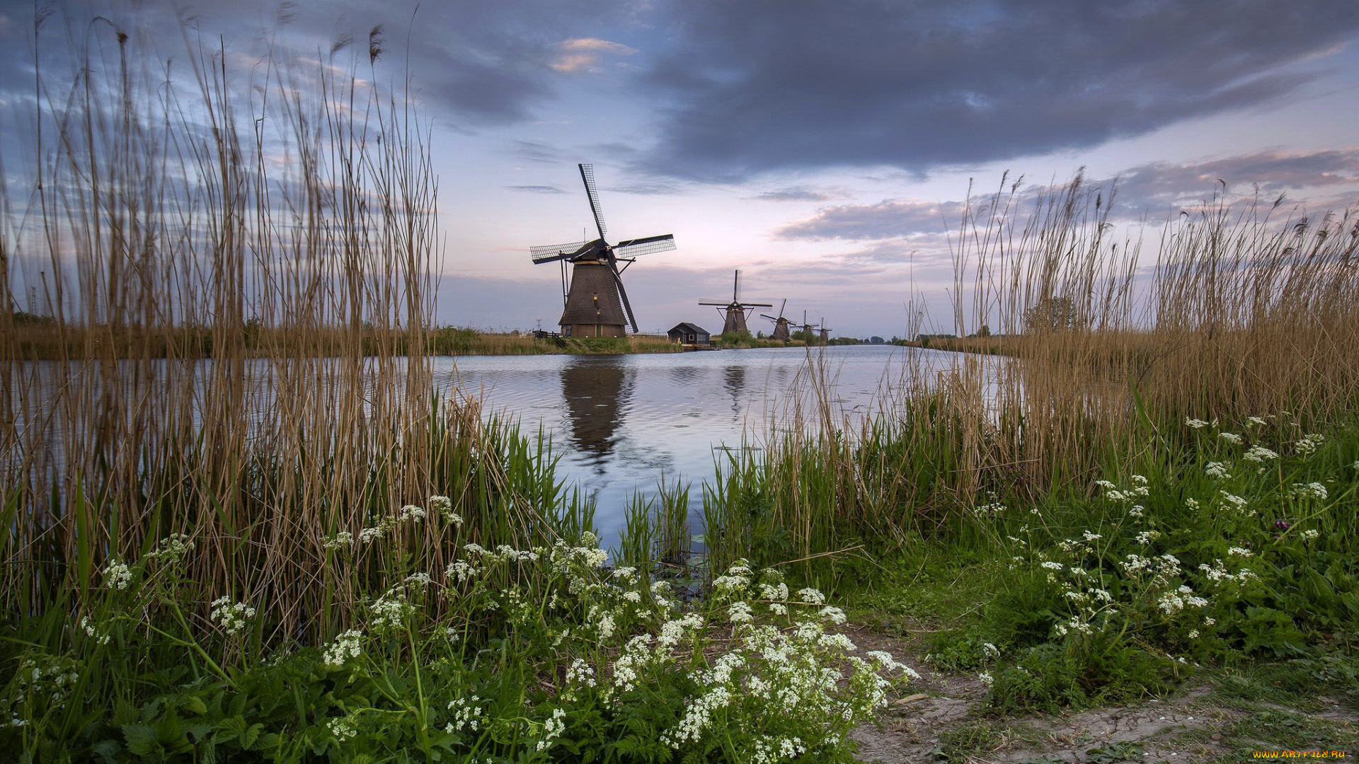разное, мельницы, река, тучи