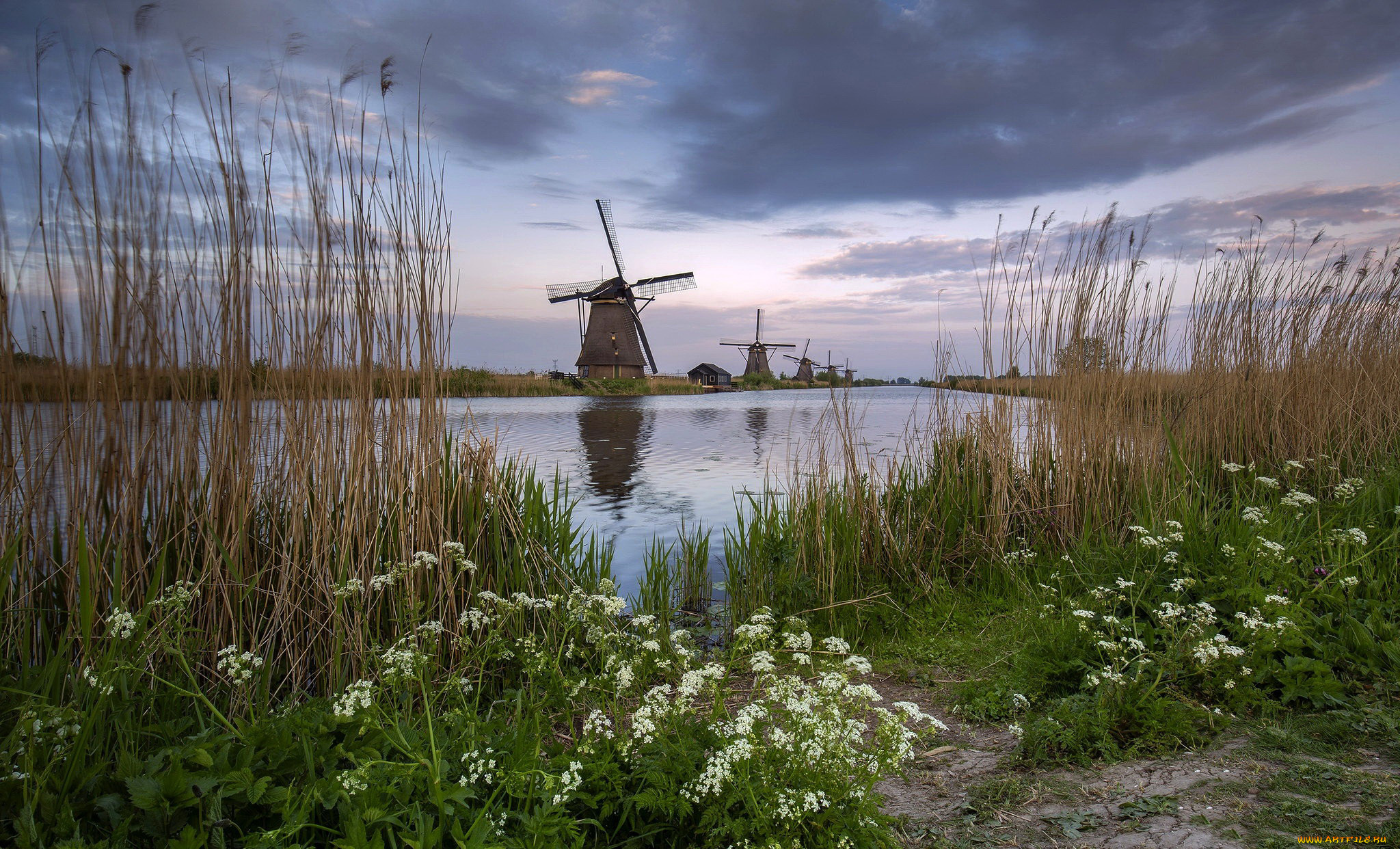 разное, мельницы, река, тучи