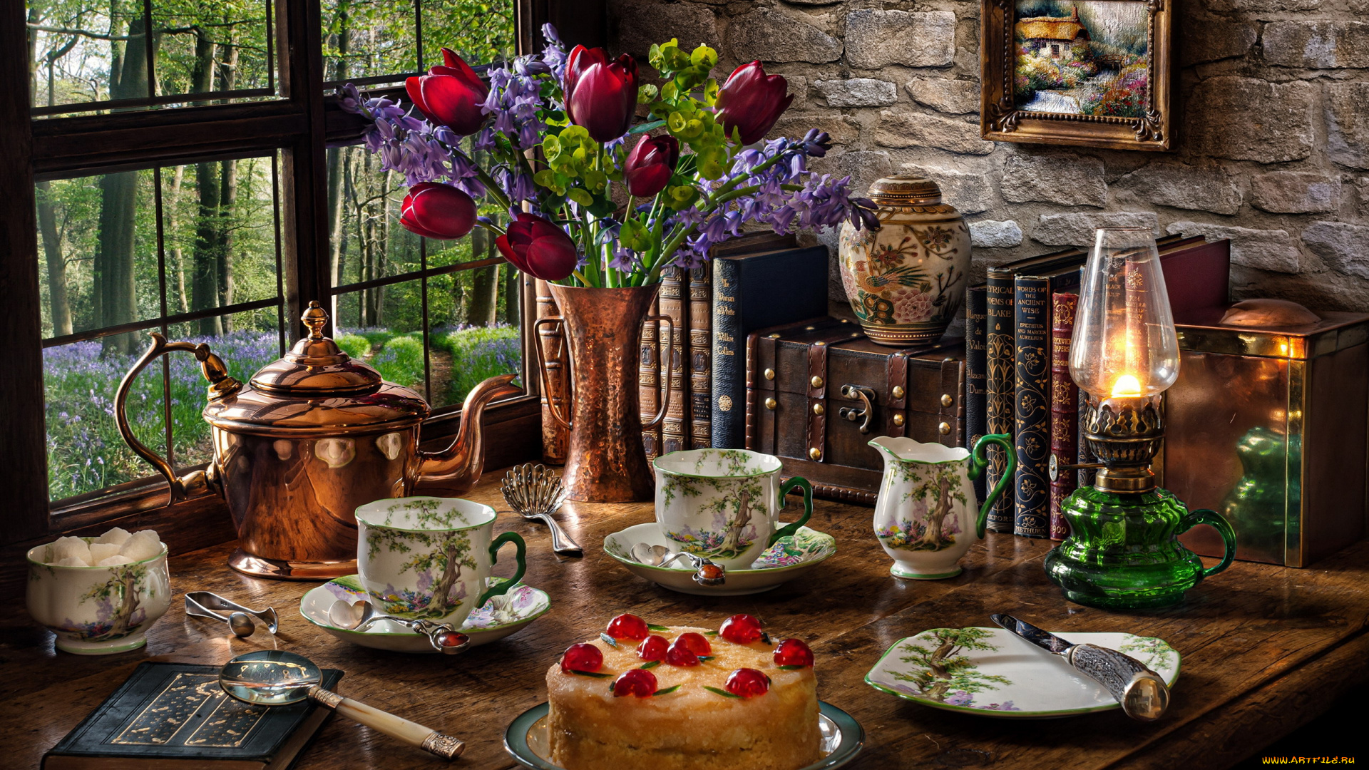 еда, натюрморт, букет, книга, лупа, лампа, чайник, торт