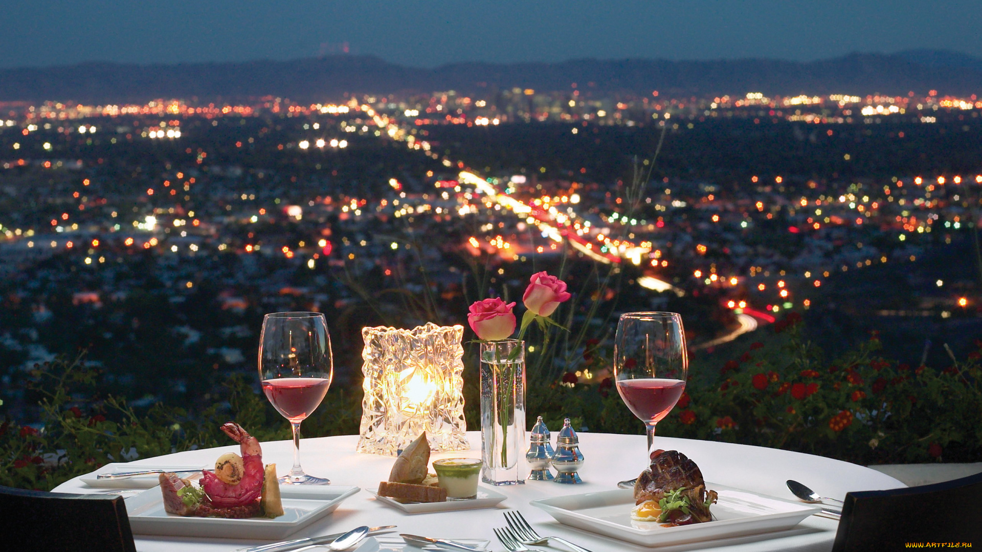 еда, сервировка, вечер, огни, панорама, свеча, закуска, приборы, розы
