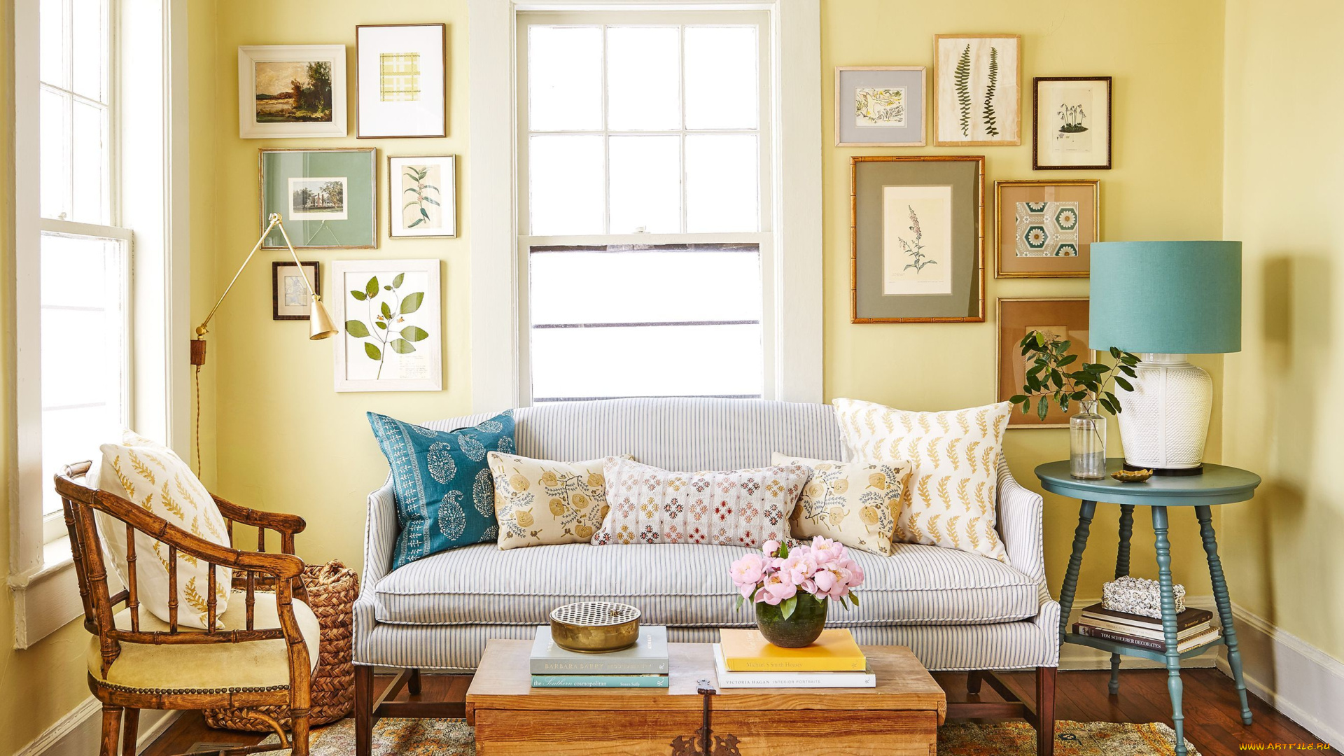 интерьер, гостиная, мягкий, уголок, лампа