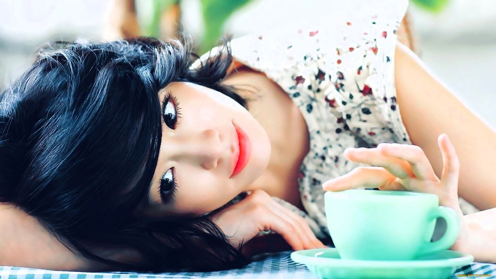 девушки, -, азиатки, брюнетка, лицо, чашка