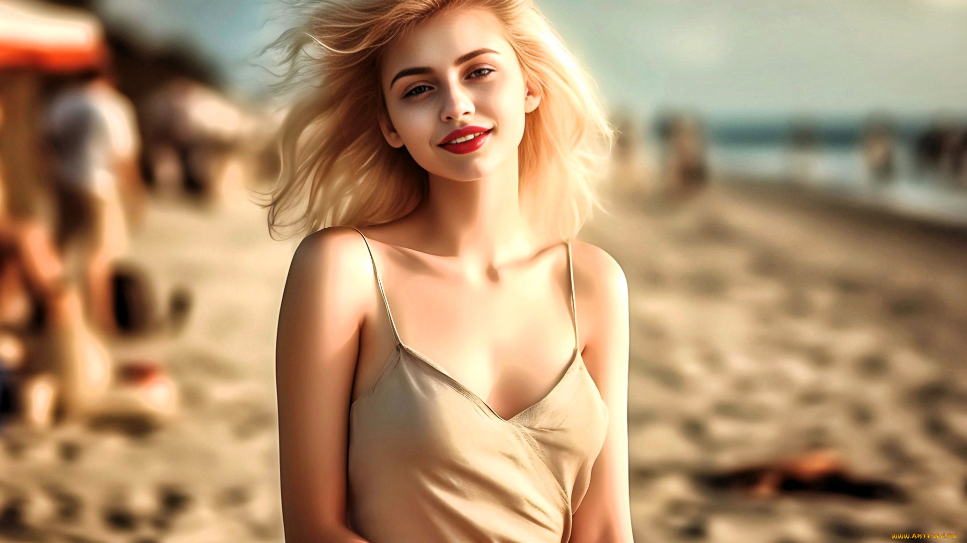 3д, графика, люди, , people, девушка, блондинка, платье, пляж