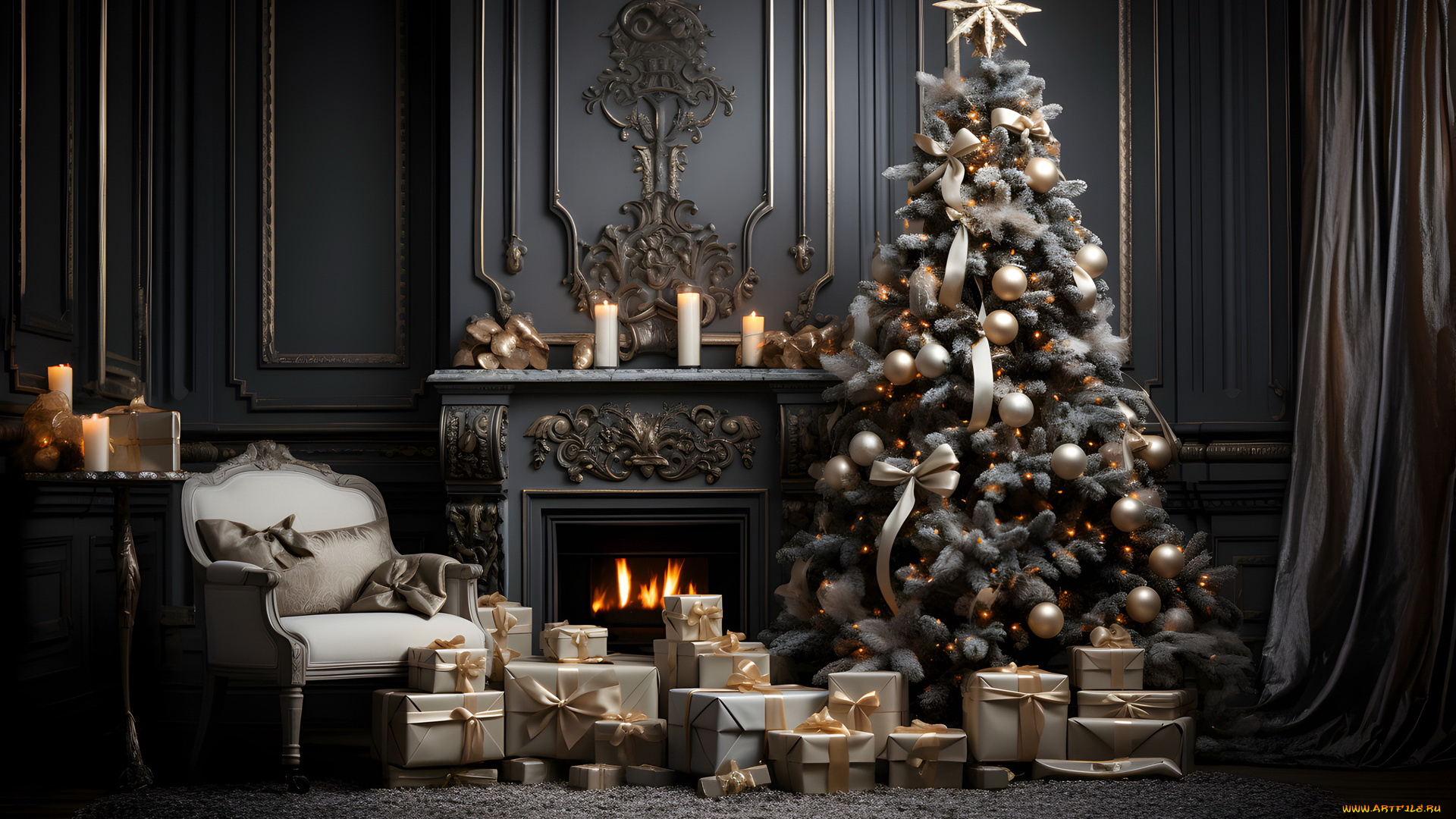 3д, графика, праздники, , holidays, камин, елка, подарки, свечи