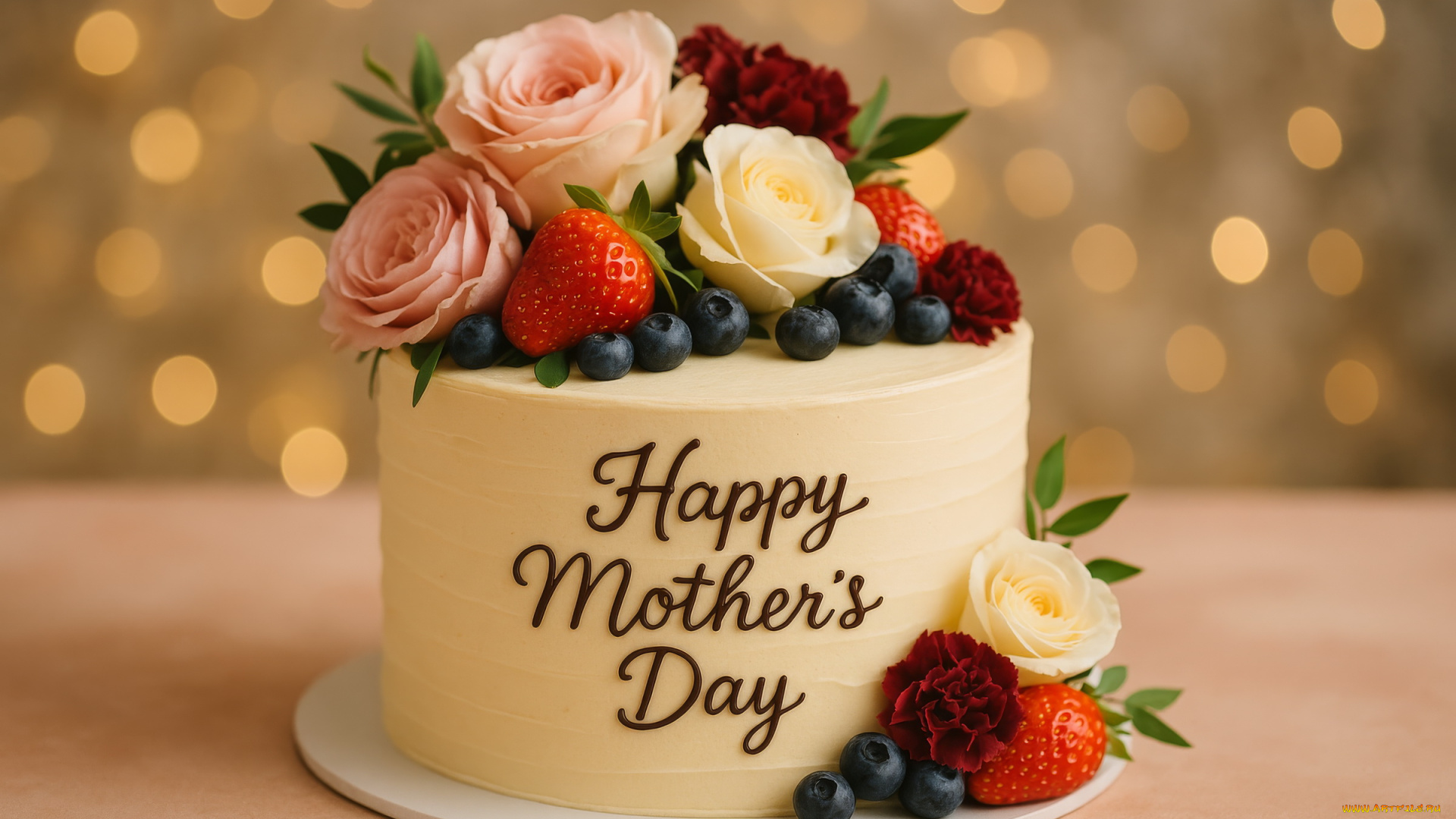 3д, графика, праздники, , holidays, торт, розы, клубника, надпись