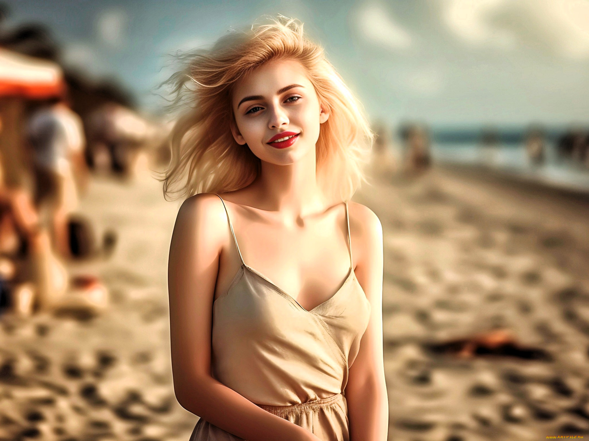 3д, графика, люди, , people, девушка, блондинка, платье, пляж