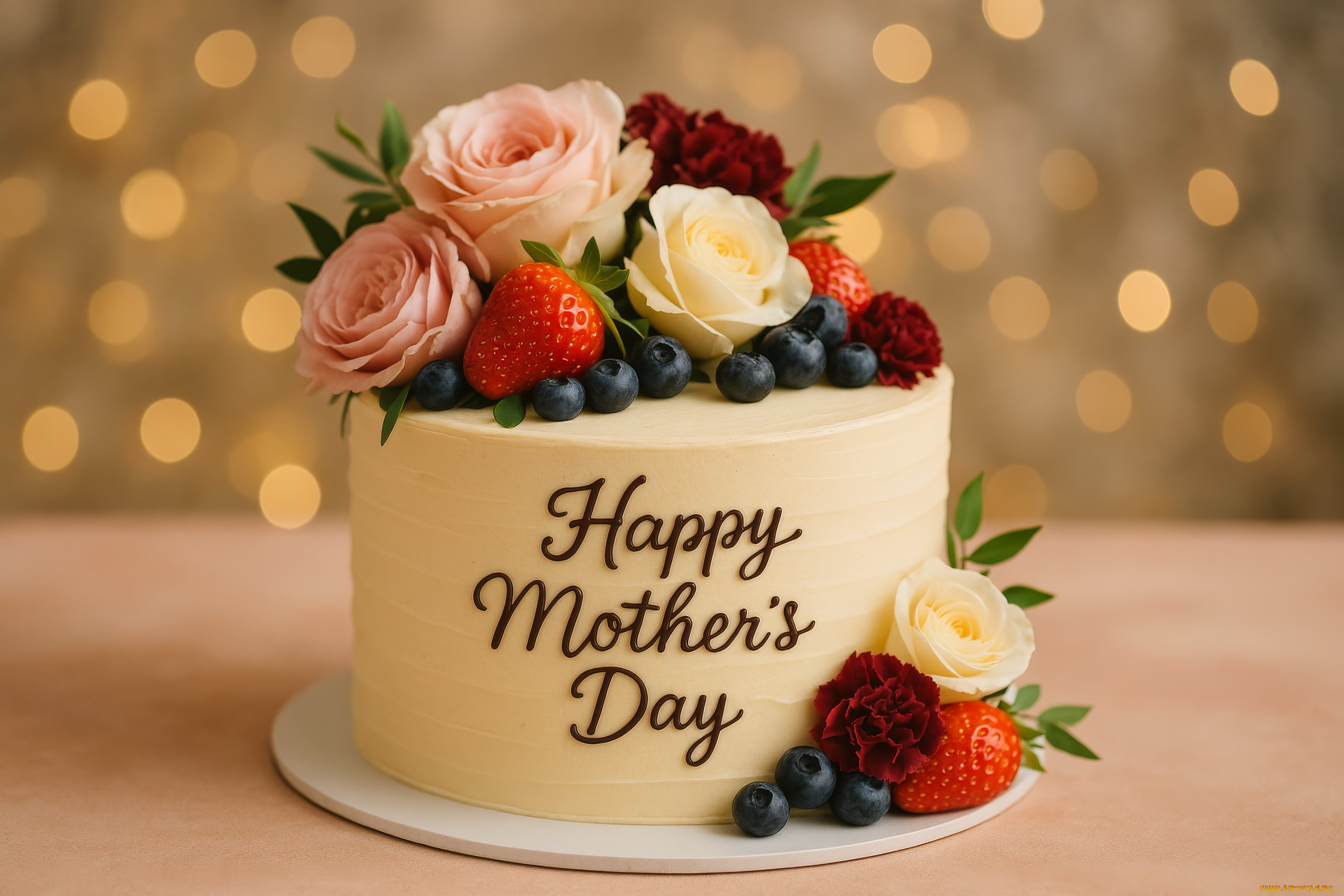 3д, графика, праздники, , holidays, торт, розы, клубника, надпись