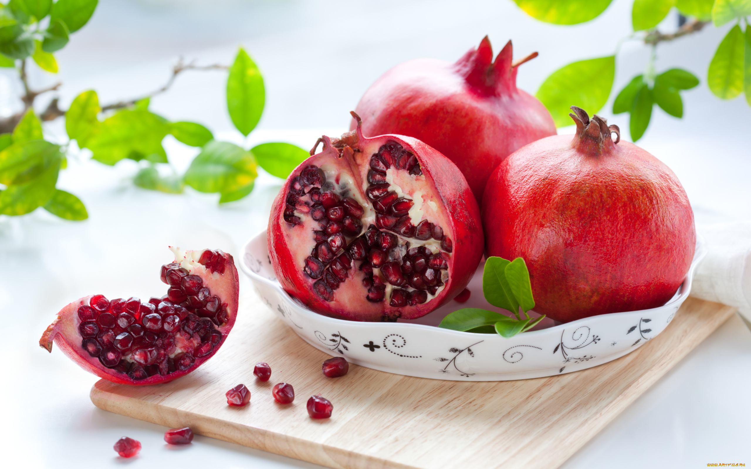 еда, гранат, зерна, листья
