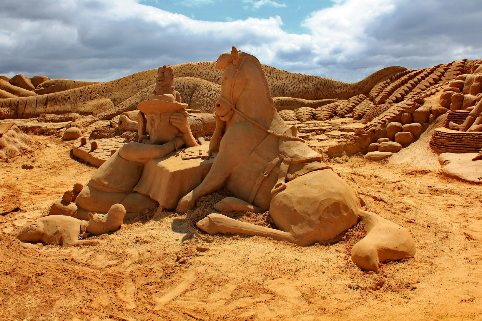 разное, фигуры, из, песка, льда, снега, шашки, лошадь