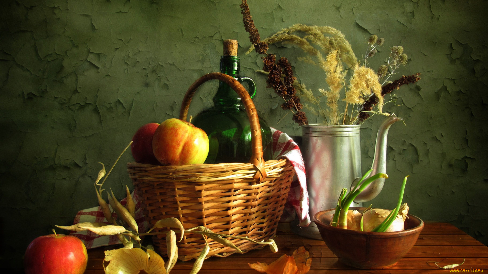 авт, margarita, epishina, еда, натюрморт, лук, яблоки, бутыль, корзина, миска, фасоль