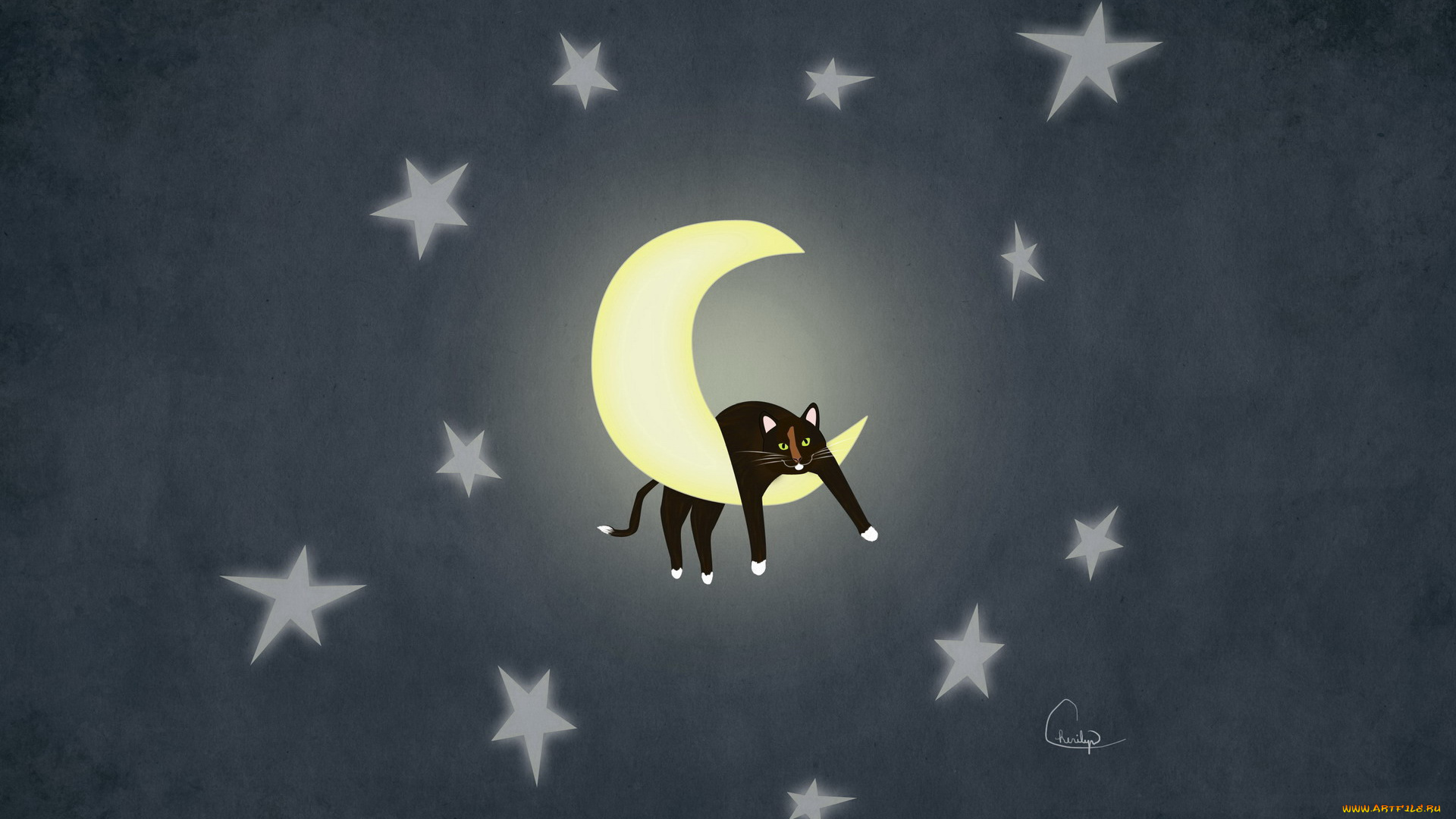 векторная, графика, кот, луна