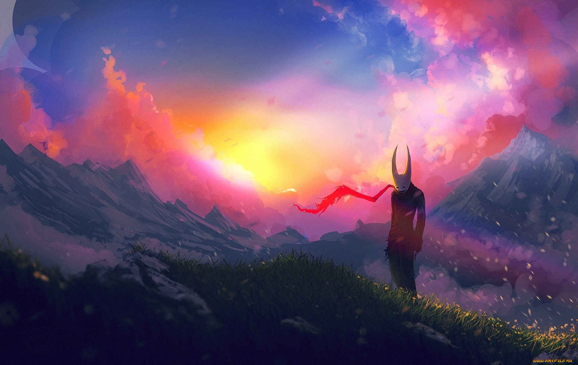 аниме, *unknown, другое, горы, закат