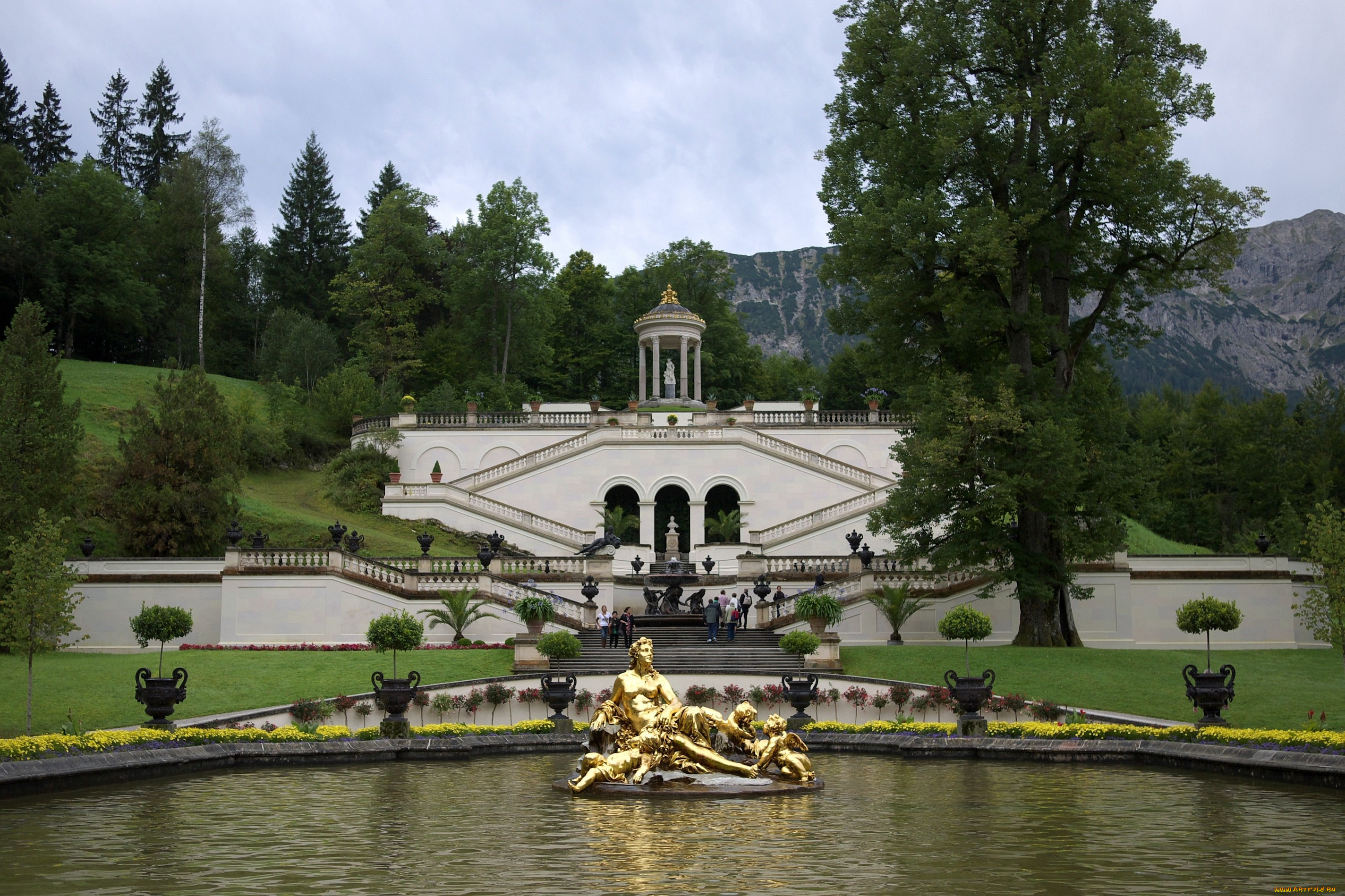 замок, линдерхоф, германия, города, фонтаны, парк, галерея, ступени