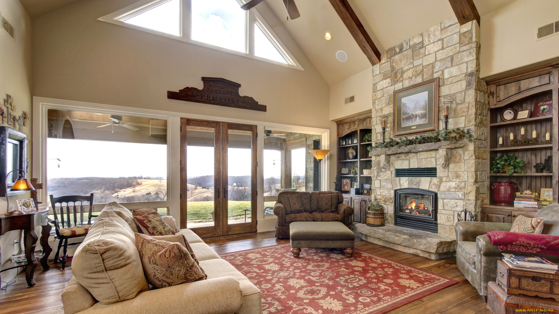 интерьер, гостиная, картина, ковер, диваны, камин