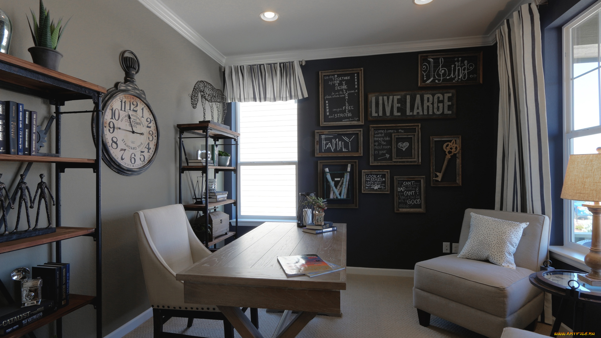 интерьер, кабинет, библиотека, офис, кресло, часы, стол