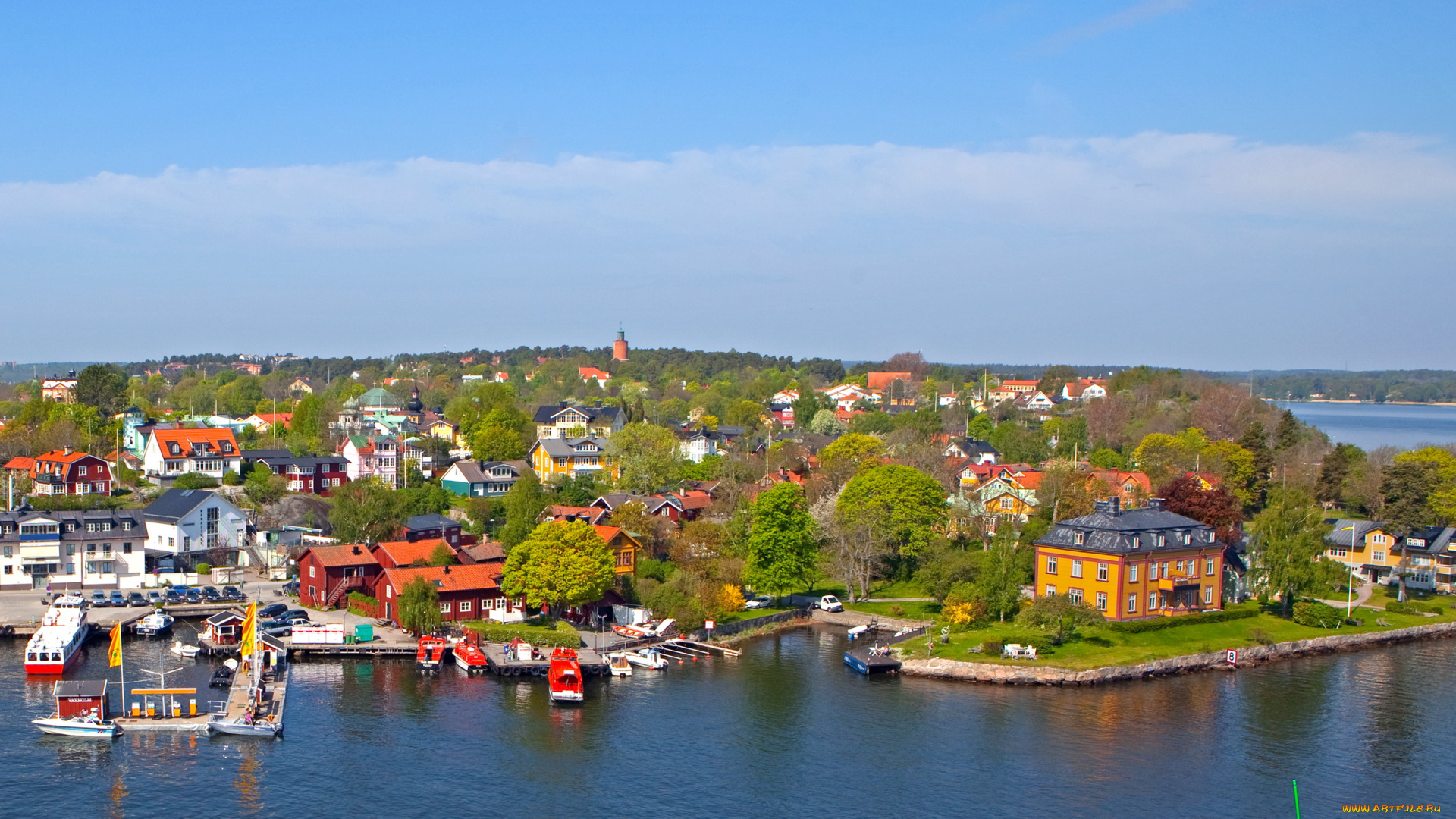 швеция, vaxholm, города, панорамы, дома, река, деревья