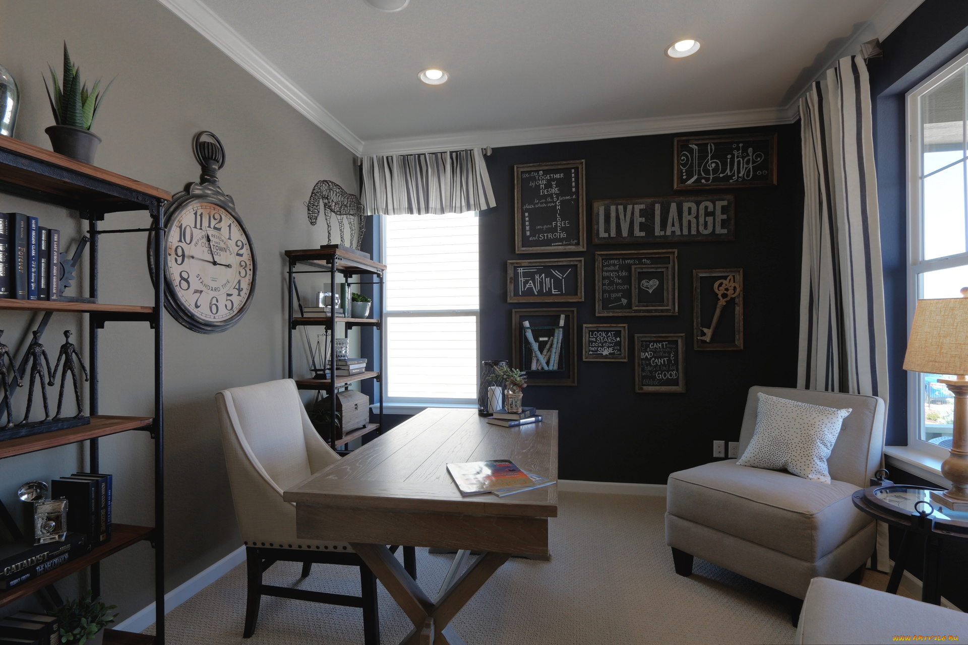 интерьер, кабинет, библиотека, офис, кресло, часы, стол