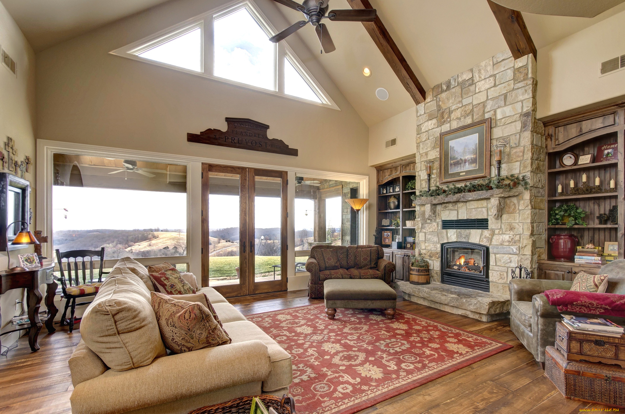 интерьер, гостиная, картина, ковер, диваны, камин