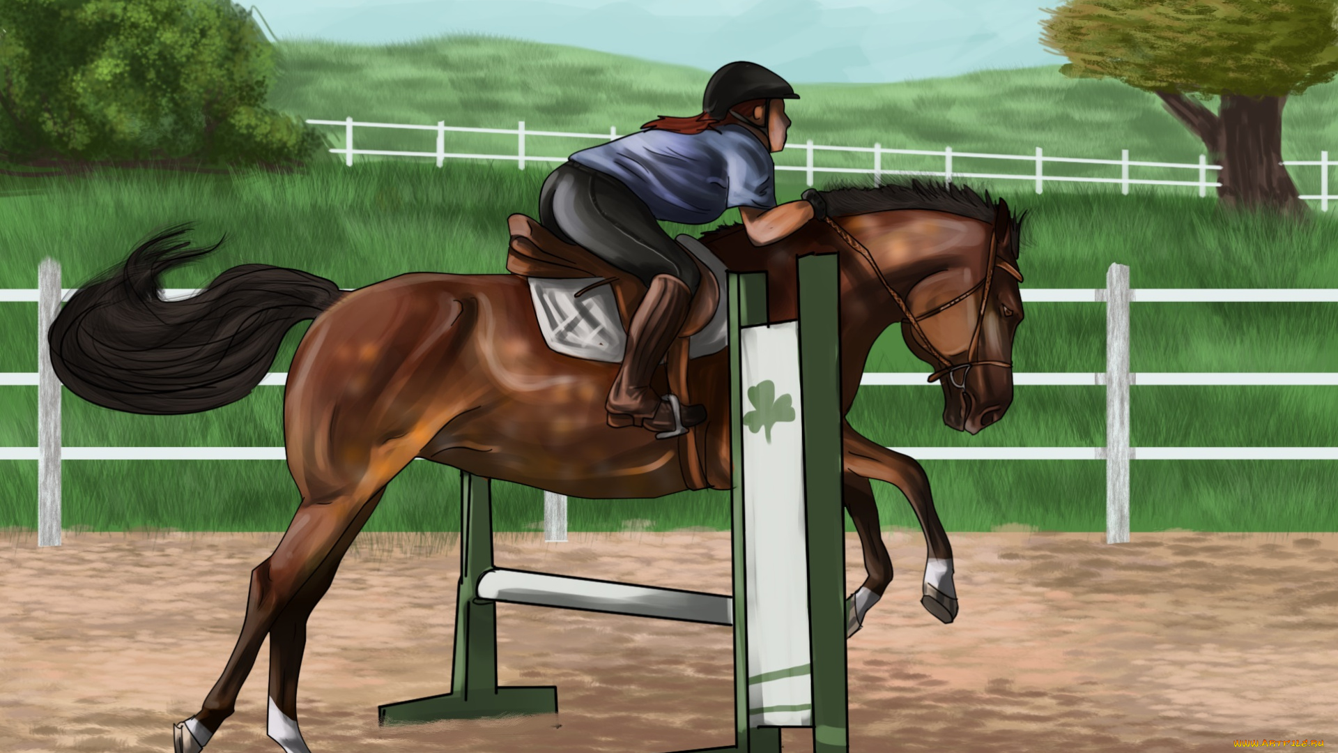 рисованные, животные, , лошади, прижок, наездник, лошадь